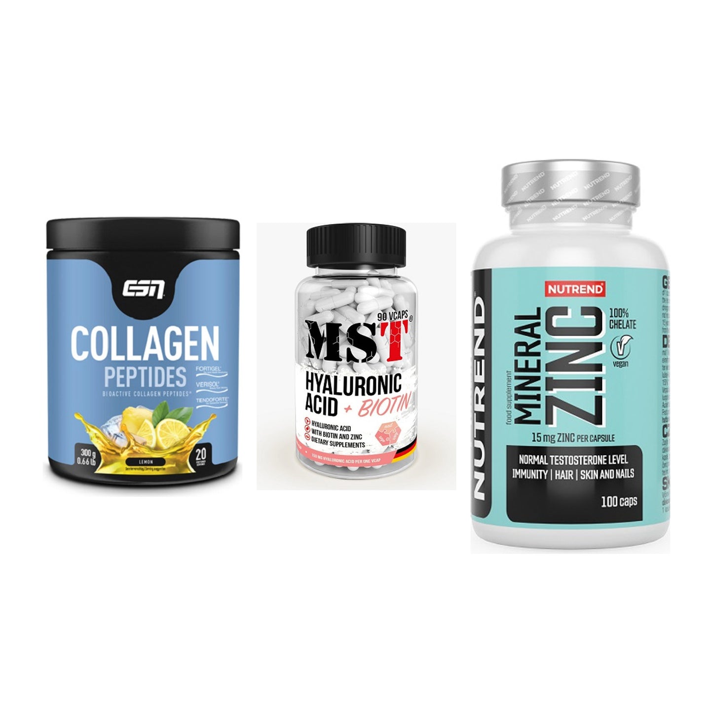 Haut, Haare & Nägel: ESN Collagen + MST Hyaluronic + Nutrend Zinc – alle enthaltenen Artikel