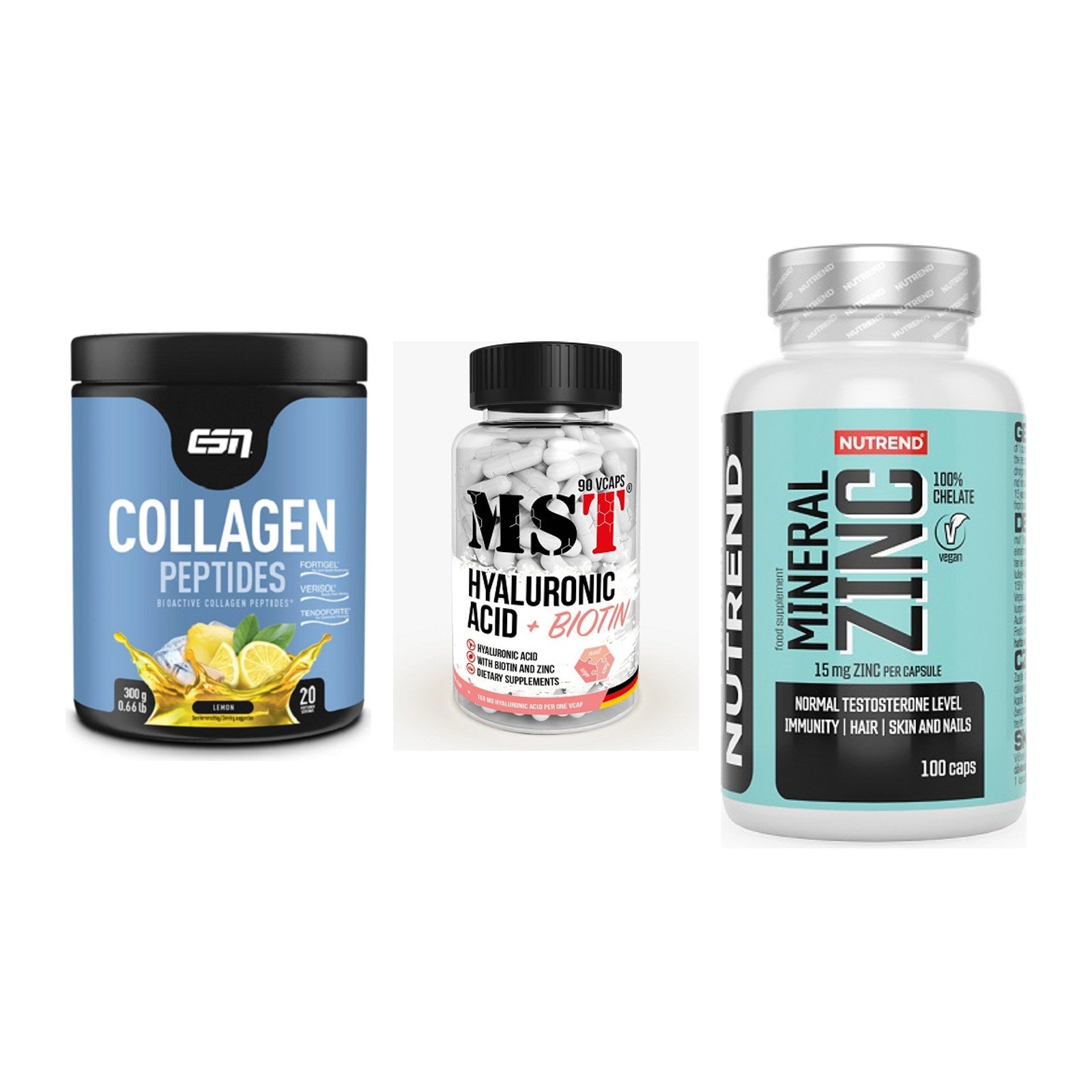 Haut, Haare & Nägel: ESN Collagen + MST Hyaluronic + Nutrend Zinc – alle enthaltenen Artikel