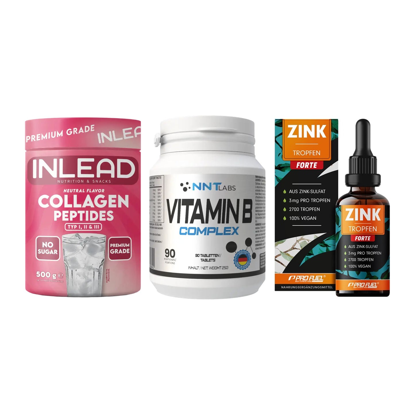 Haut, Haare & Nägel: INLEAD Collage + NNT Vitamin B + ProFuel Zink – alle enthaltenen Artikel