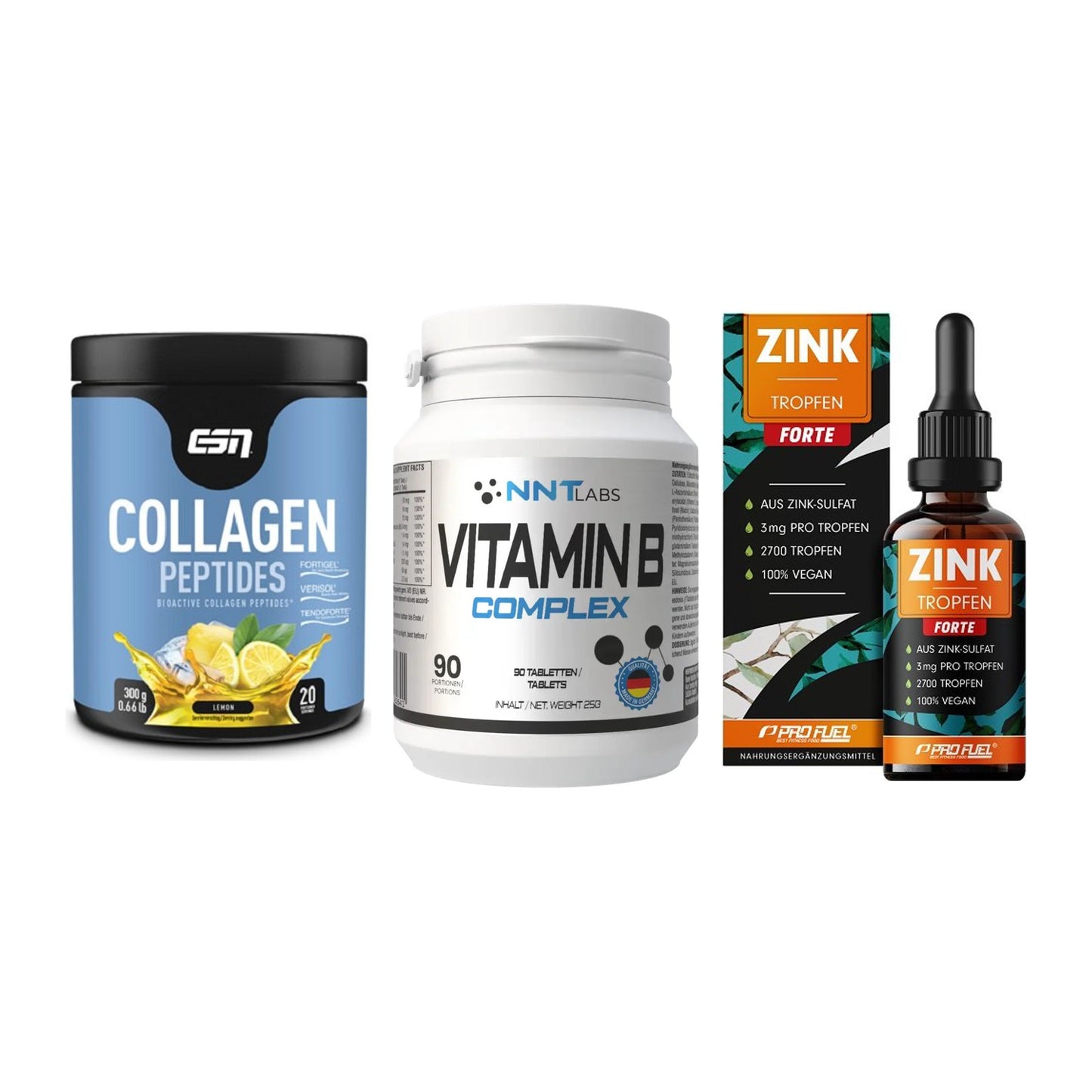 Haut, Haare & Nägel: ESN Collagen + NNT Vitamin B + ProFuel Zink – alle enthaltenen Artikel