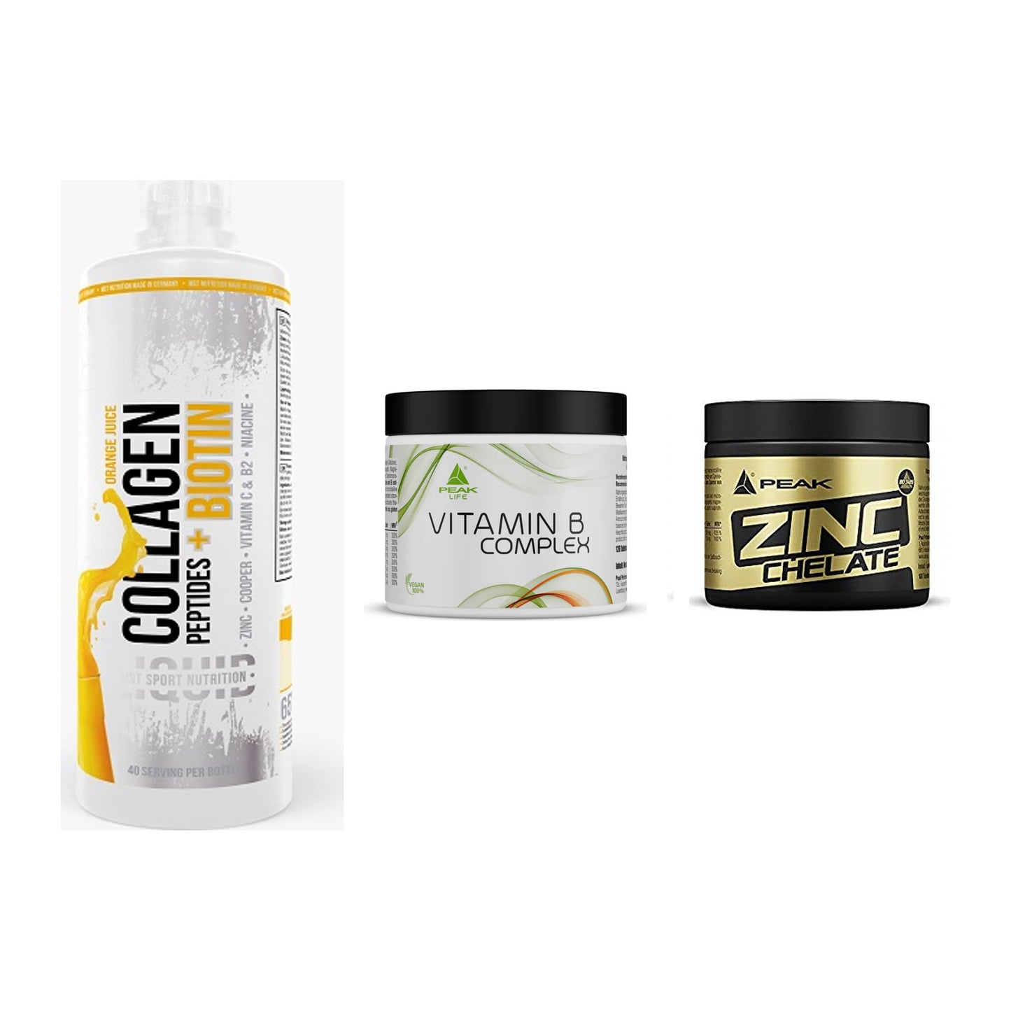 Haut, Haare & Nägel: MST Collagen + Peak Vitamin B + Peak Zink – alle enthaltenen Artikel
