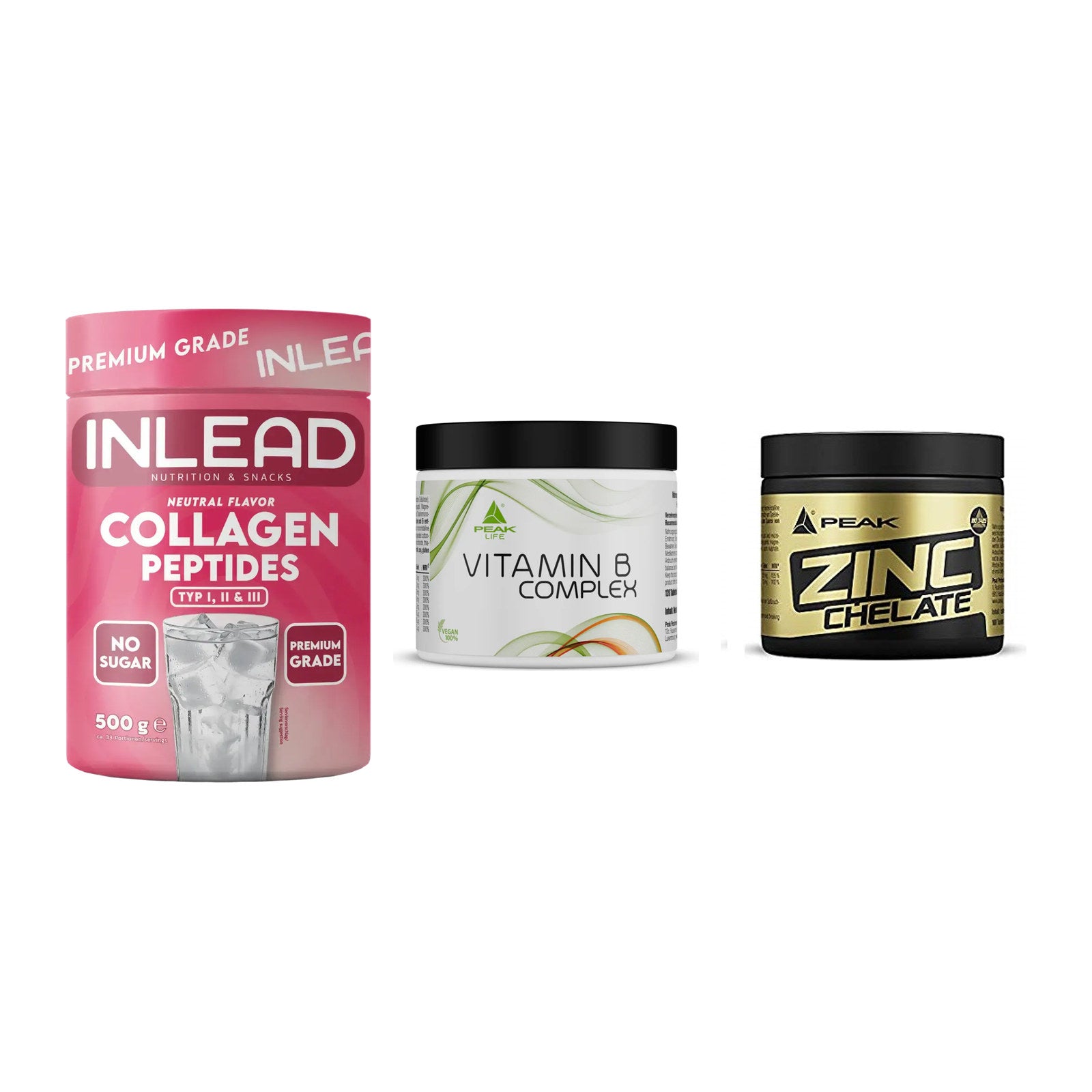 Haut, Haare & Nägel: INLEAD Collage + Peak Vitamin B + Peak Zink – alle enthaltenen Artikel