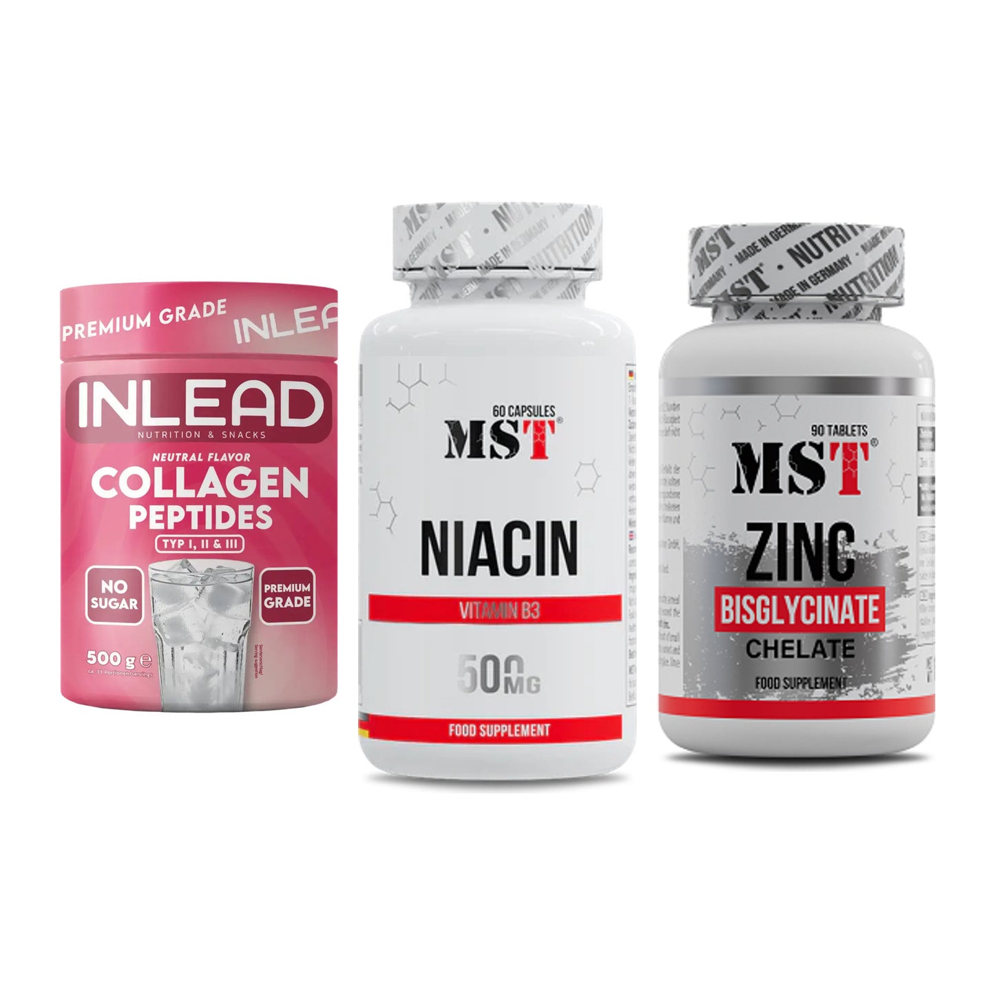 Haut, Haare & Nägel: INLEAD Collage + MST Niacin + MST Zinc – alle enthaltenen Artikel