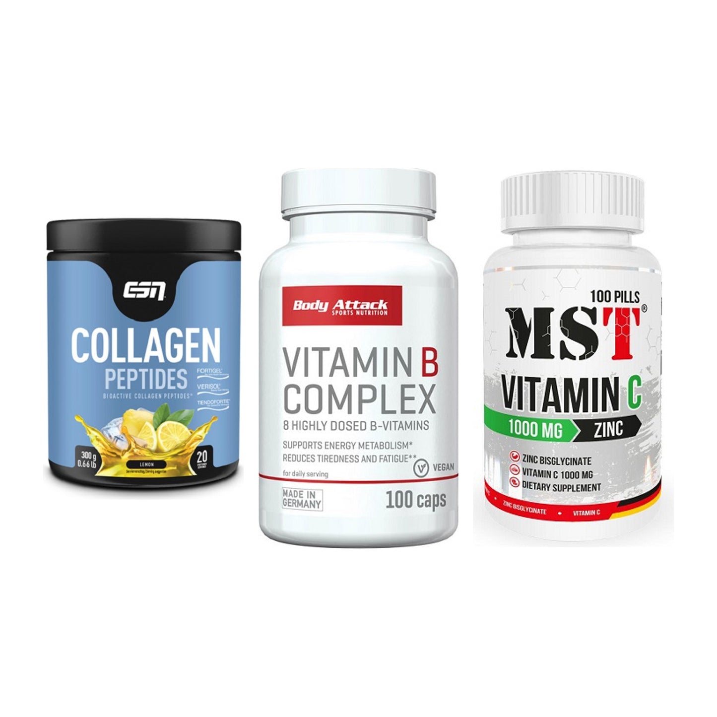 Haut, Haare & Nägel: ESN Collagen + Body Attack + MST Vitamin C – alle enthaltenen Artikel