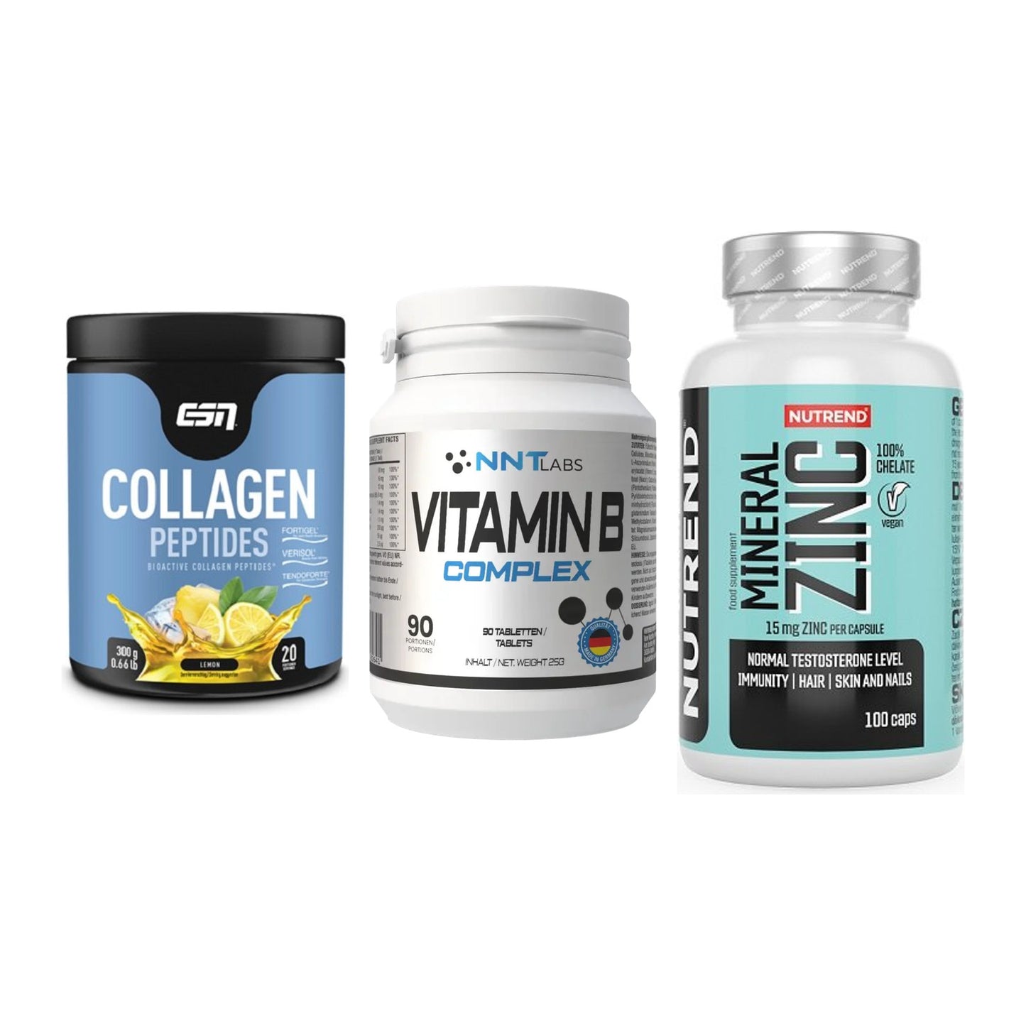 Haut, Haare & Nägel: ESN Collagen + NNT Vitamin B + Nutrend Zinc – alle enthaltenen Artikel