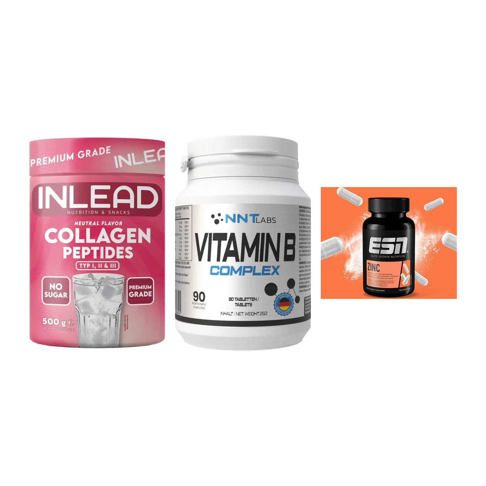 Haut, Haare & Nägel: INLEAD Collage + NNT Vitamin B + ESN Zinc – alle enthaltenen Artikel