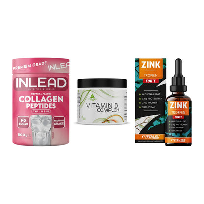 Haut, Haare & Nägel: INLEAD Collage + Peak Vitamin B + ProFuel Zink – alle enthaltenen Artikel
