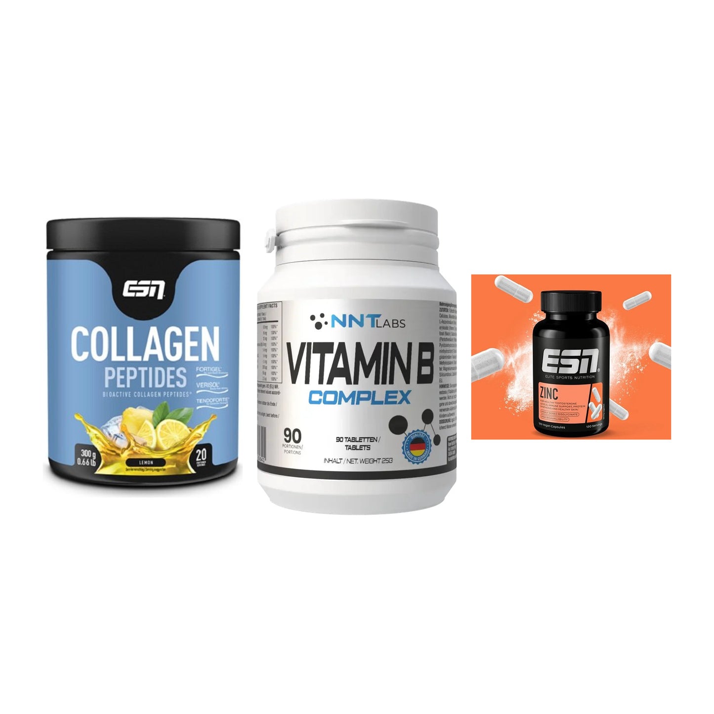 Haut, Haare & Nägel: ESN Collagen + NNT Vitamin B + ESN Zinc – alle enthaltenen Artikel