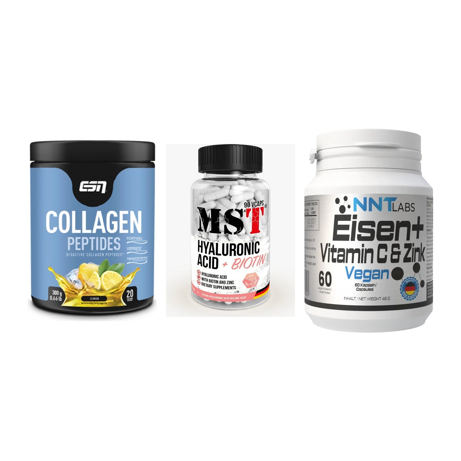 Haut, Haare & Nägel: ESN Collagen + MST Hyaluronic + NNT Eisen – alle enthaltenen Artikel
