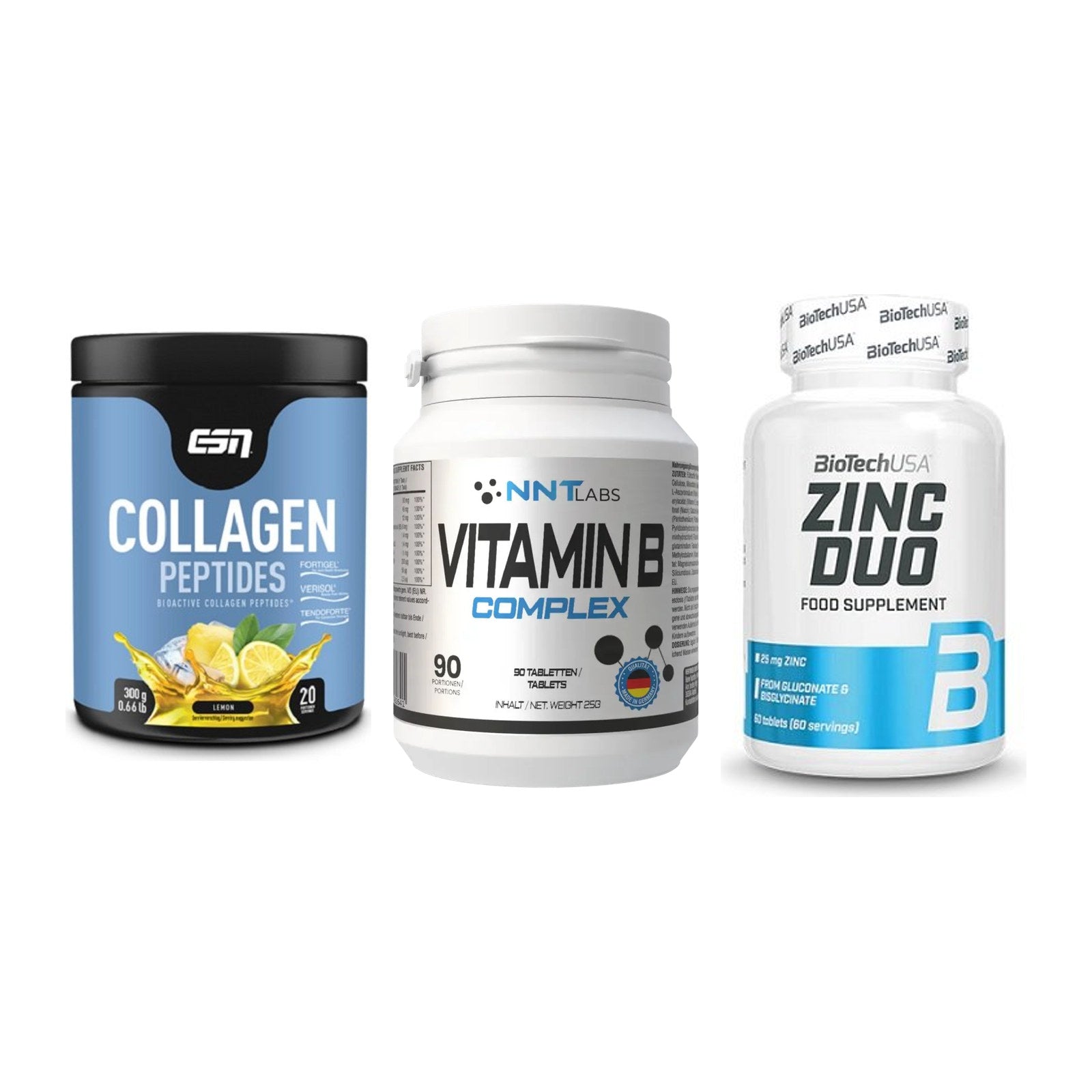 Haut, Haare & Nägel: ESN Collagen + NNT Vitamin B + BioTech Zinc – alle enthaltenen Artikel