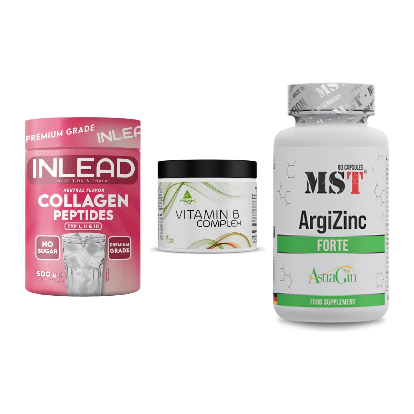 Haut, Haare & Nägel: INLEAD Collage + Peak Vitamin B + MST ArgiZinc – alle enthaltenen Artikel