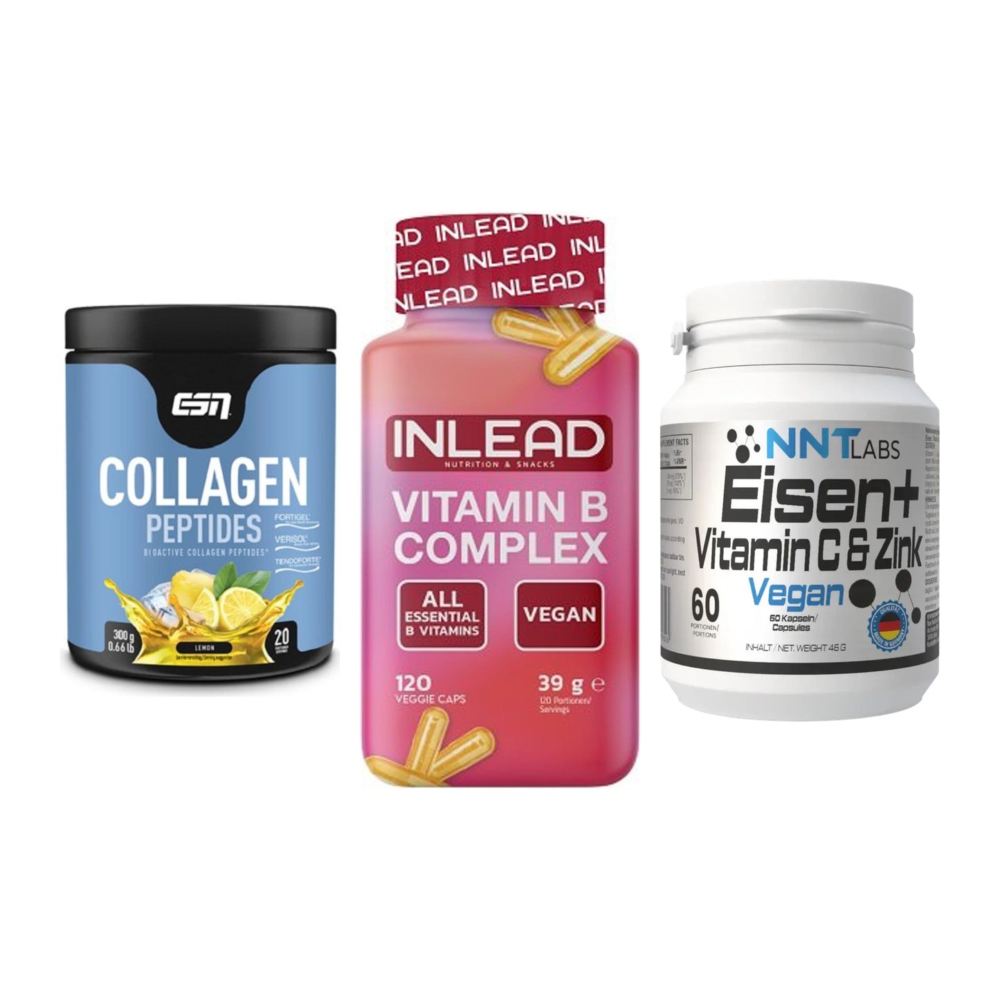 Haut, Haare & Nägel: ESN Collagen + INLEAD Vitamin + NNT Eisen – alle enthaltenen Artikel