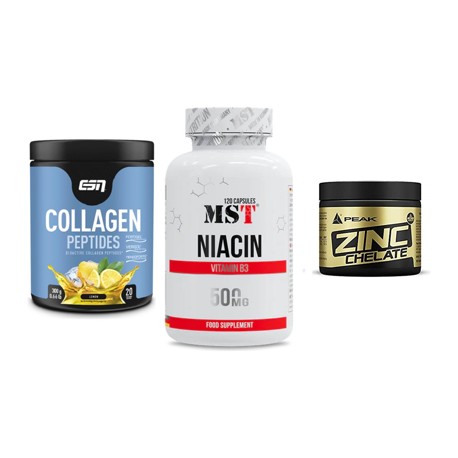 Haut, Haare & Nägel: ESN Collagen + MST Niacin + Peak Zink – alle enthaltenen Artikel