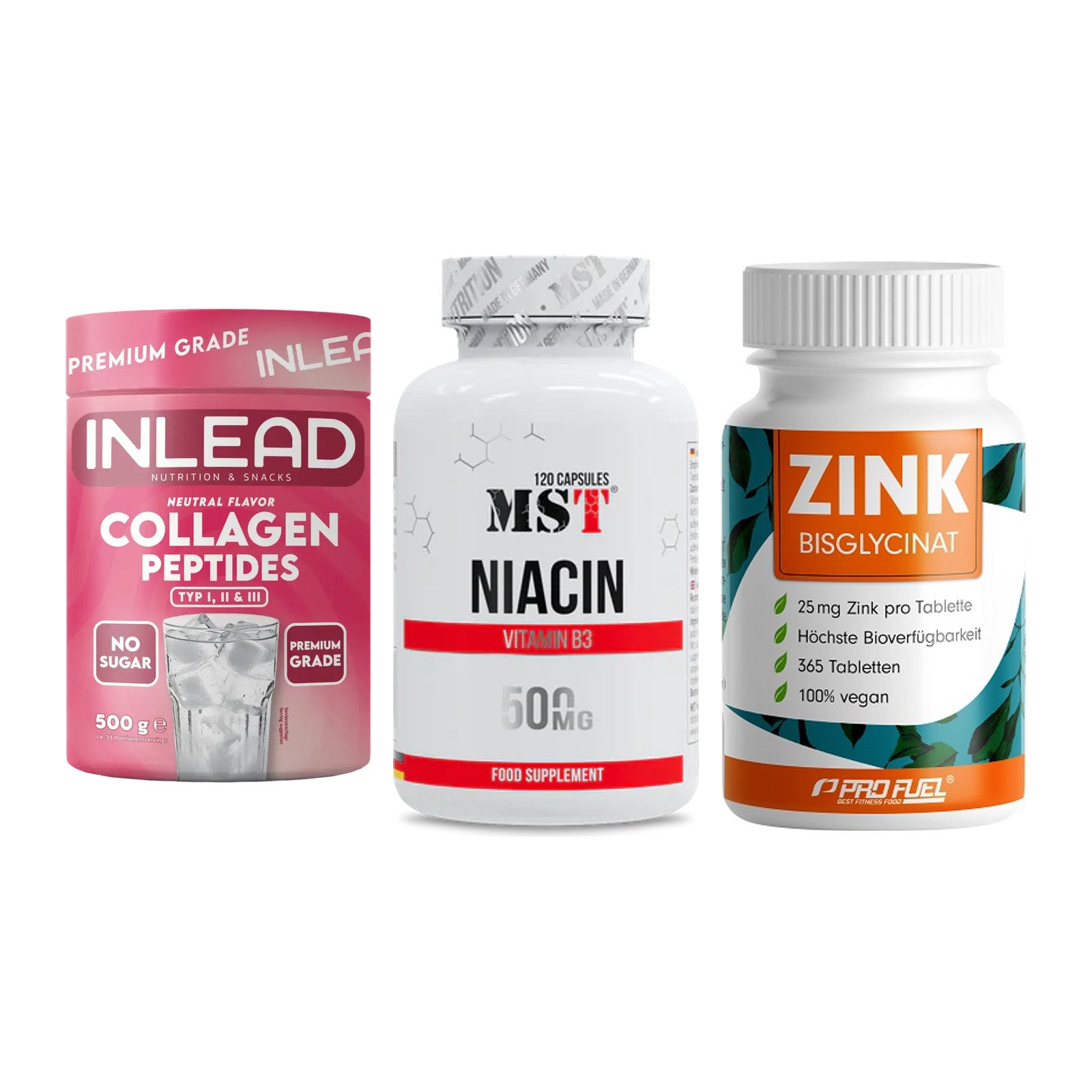 Haut, Haare & Nägel: INLEAD Collage + MST Niacin + ProFuel Zink – alle enthaltenen Artikel