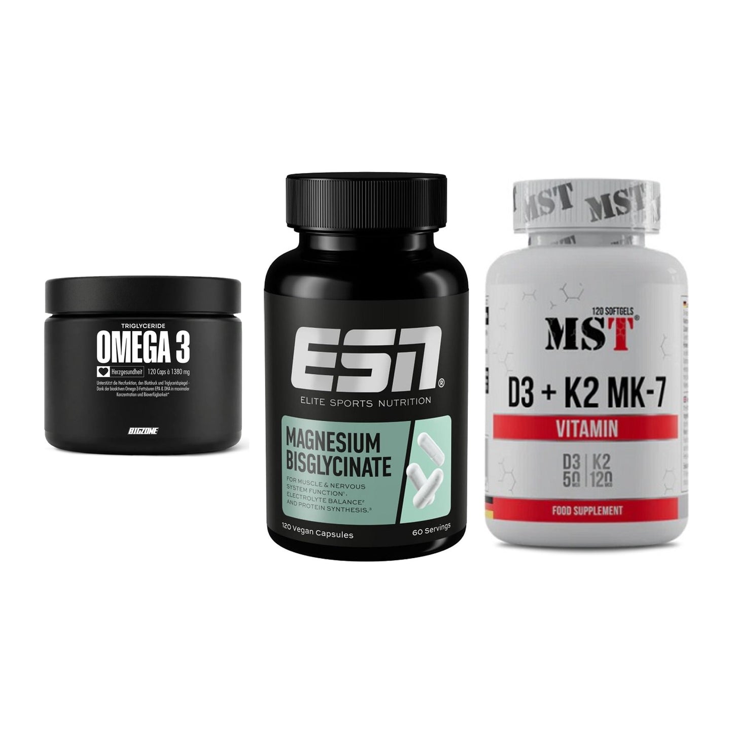Herz & Gefäße: Big Zone Omega 3 + ESN Magnesium + MST Vitamin D3 – alle enthaltenen Artikel