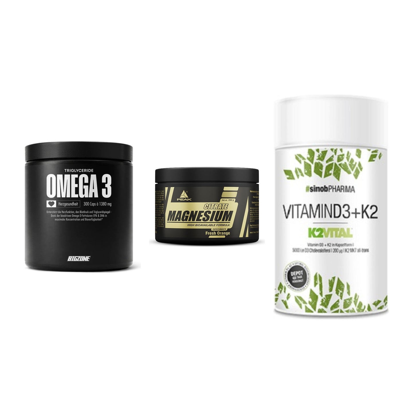 Herz & Gefäße: Big Zone Omega 3 + Peak Magnesium + Sinob Vitamin D3 – alle enthaltenen Artikel