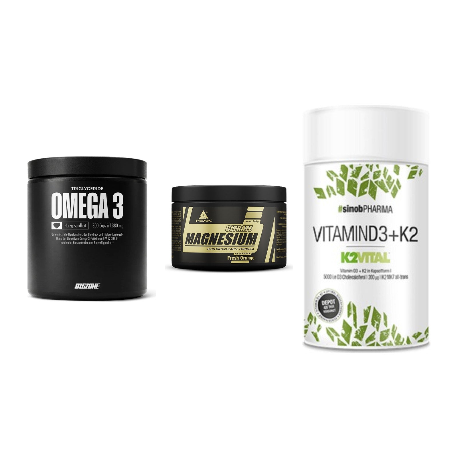 Herz & Gefäße: Big Zone Omega 3 + Peak Magnesium + Sinob Vitamin D3 – alle enthaltenen Artikel