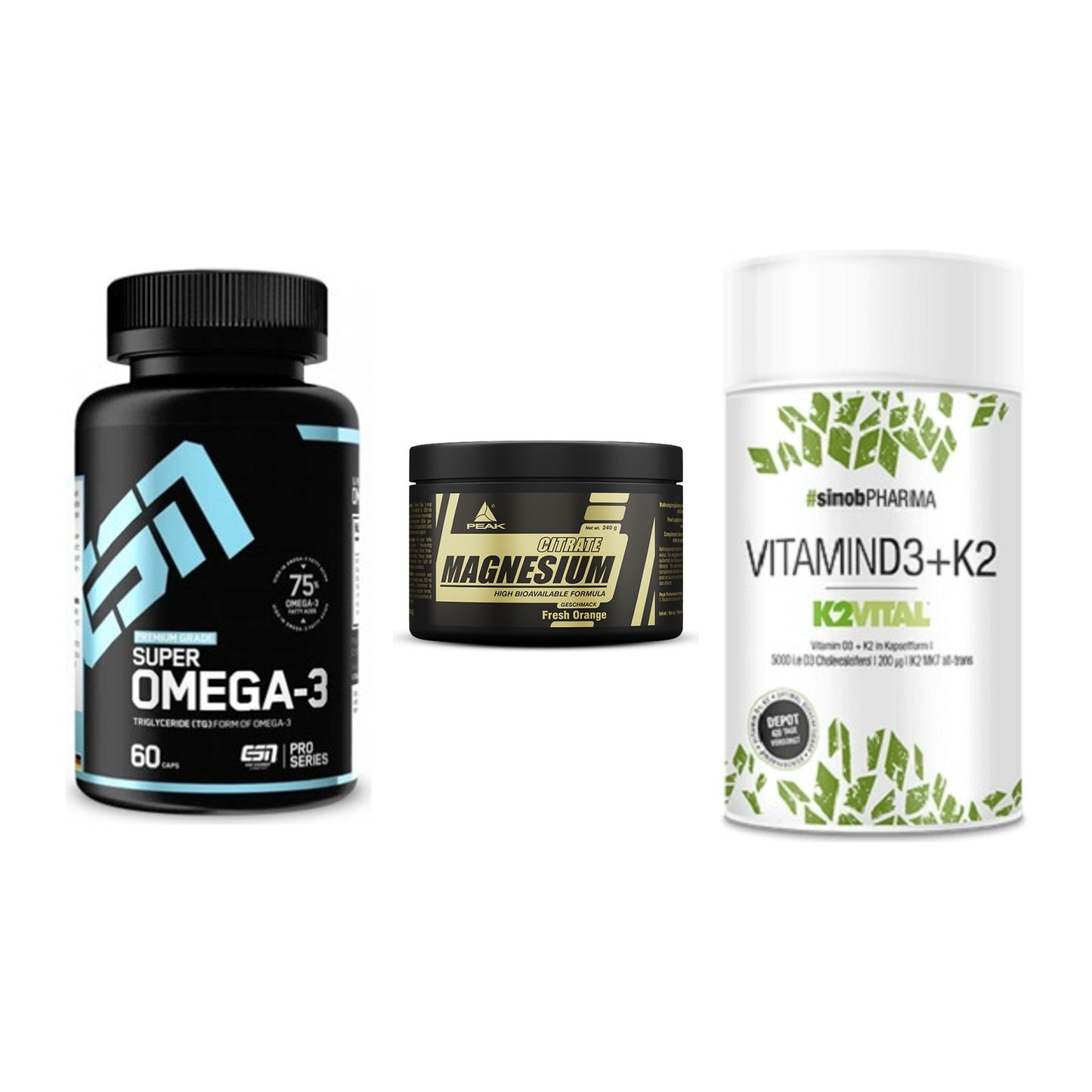 Herz & Gefäße: ESN Omega 3 + Peak Magnesium + Sinob Vitamin D3 – alle enthaltenen Artikel