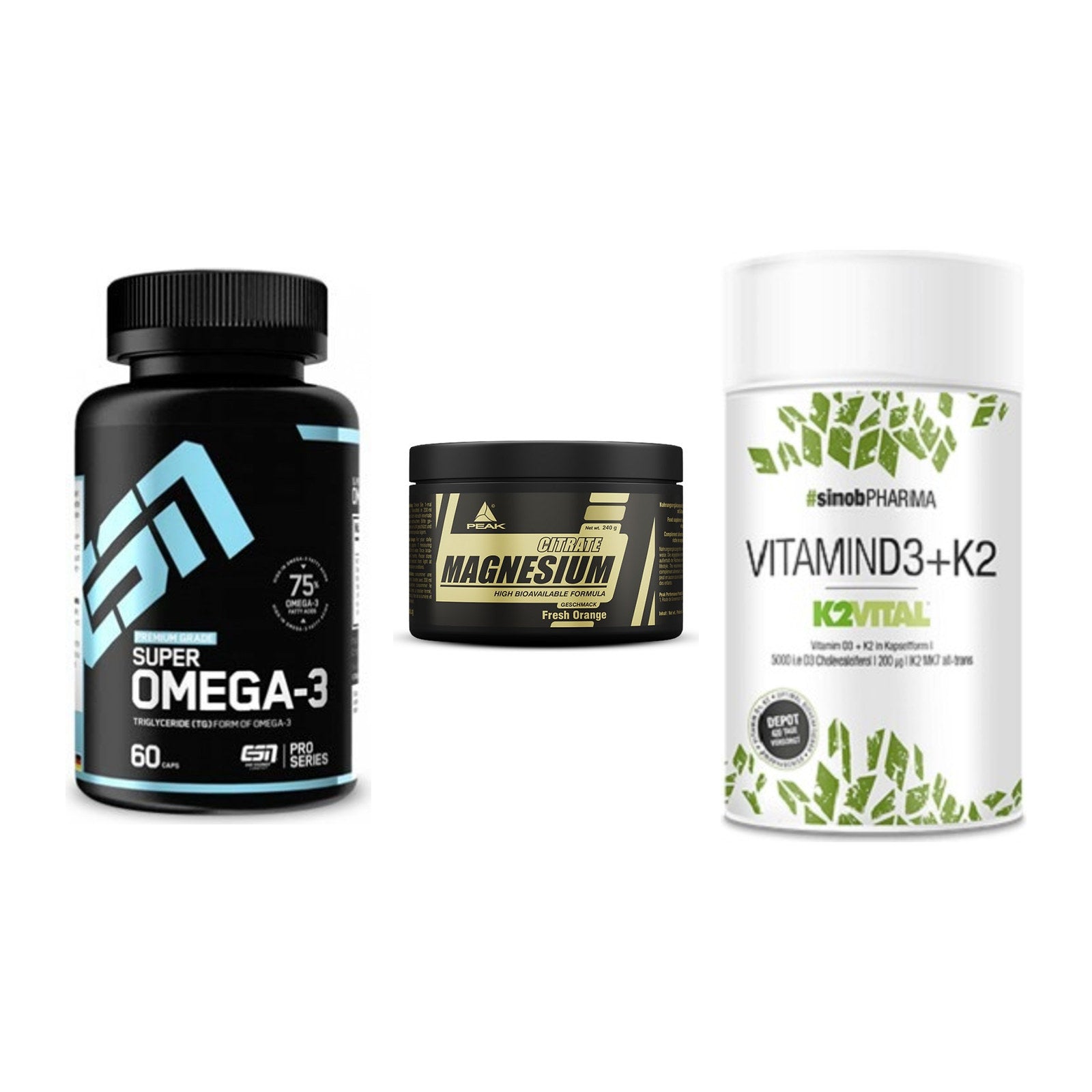Herz & Gefäße: ESN Omega 3 + Peak Magnesium + Sinob Vitamin D3 – alle enthaltenen Artikel