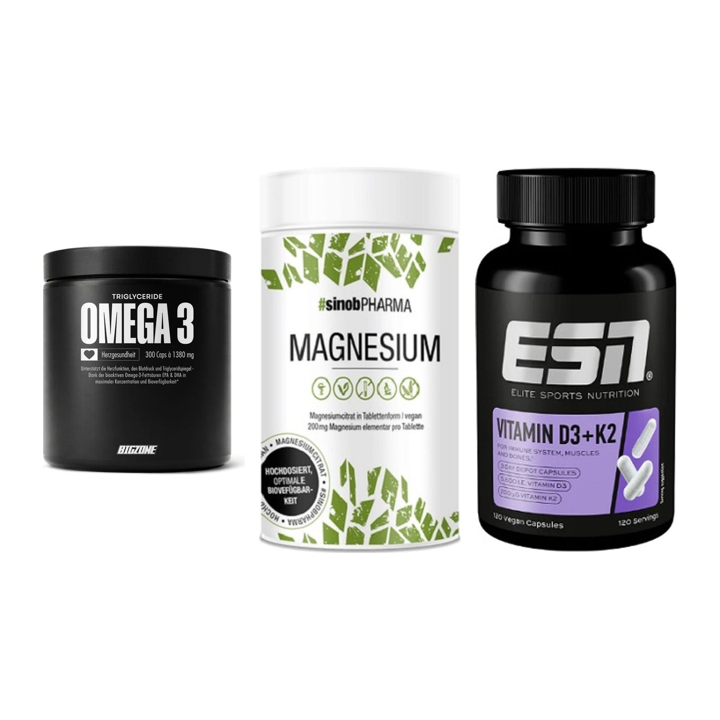 Herz & Gefäße: Big Zone Omega 3 + Sinob Magnesium + ESN Vitamin D3 – alle enthaltenen Artikel