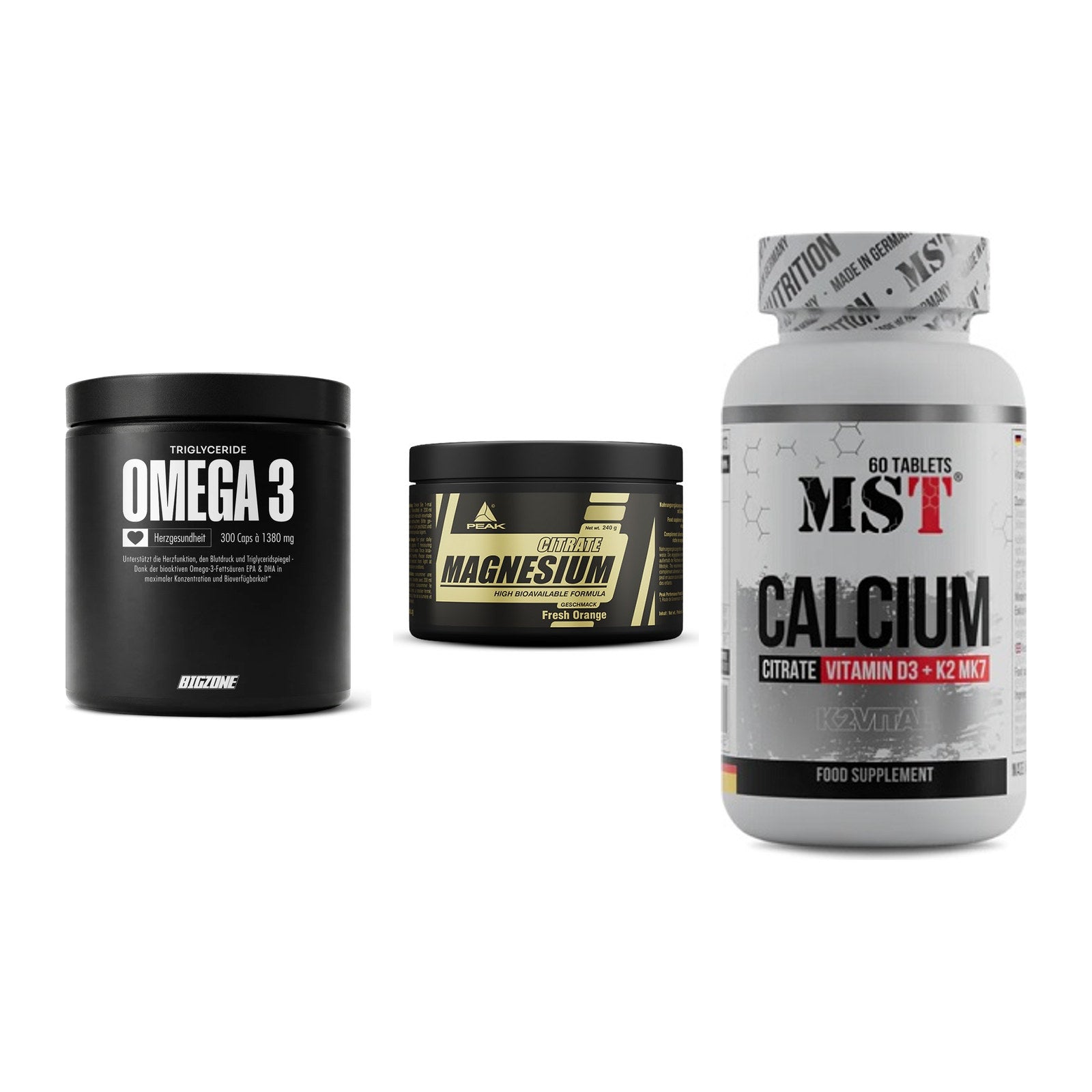 Herz & Gefäße: Big Zone Omega 3 + Peak Magnesium + MST Calcium – alle enthaltenen Artikel