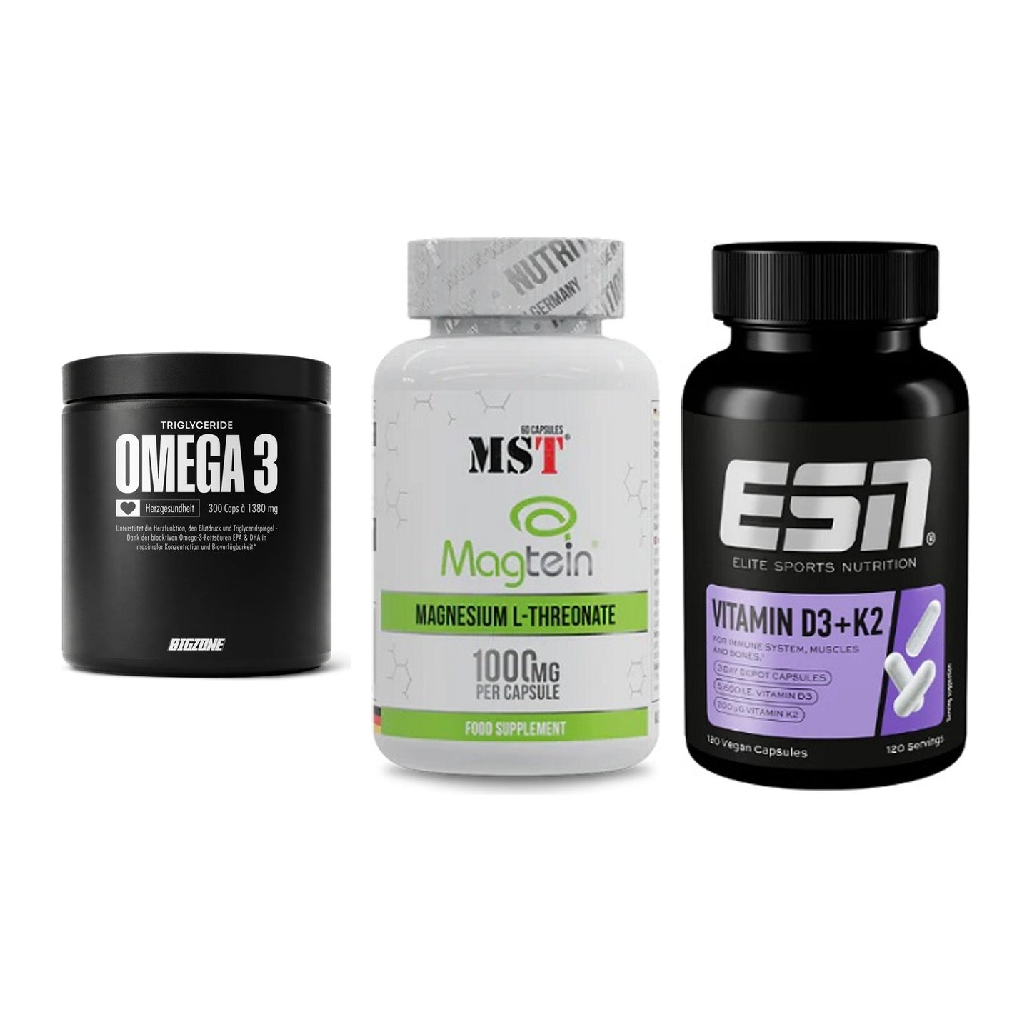 Herz & Gefäße: Big Zone Omega 3 + MST Magnesium + ESN Vitamin D3 – alle enthaltenen Artikel