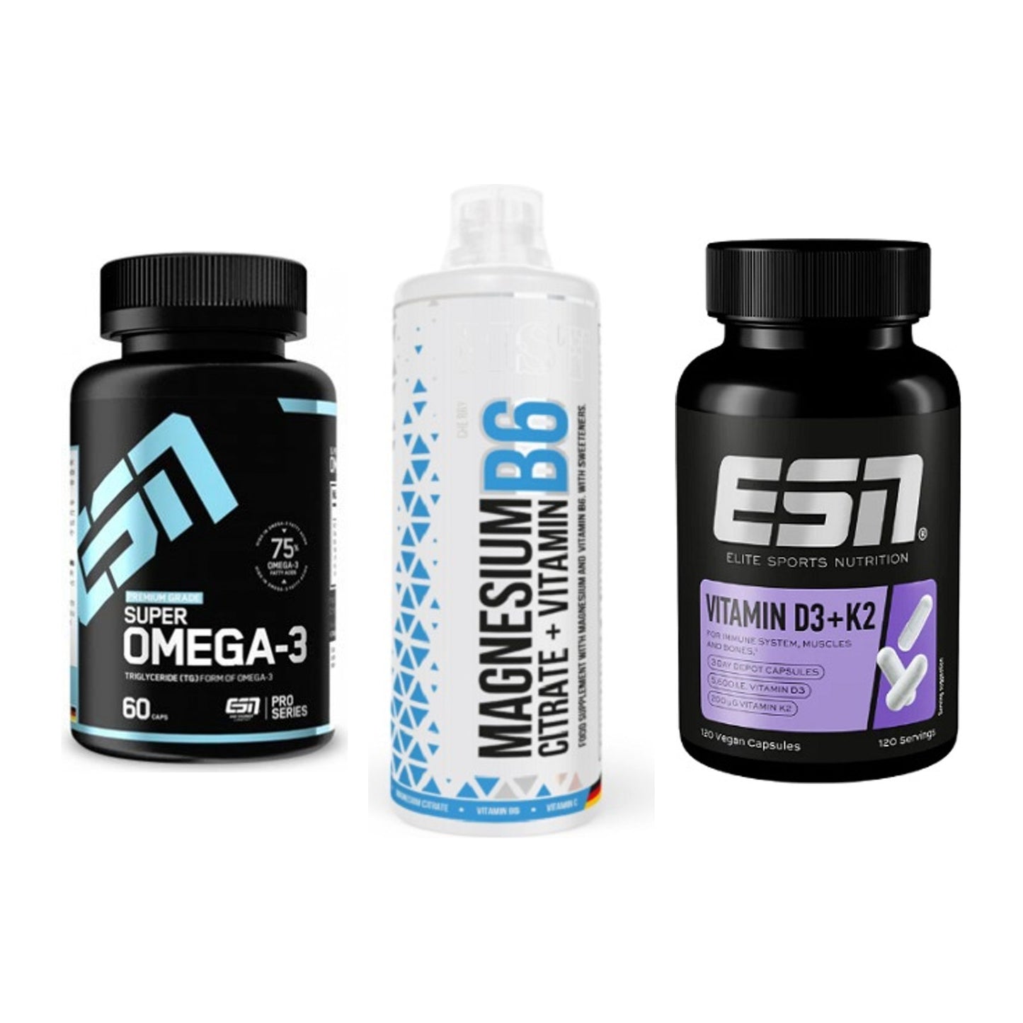 Herz & Gefäße: ESN Omega 3 + MST Magnesium B6 + ESN Vitamin D3 + K2 – alle enthaltenen Artikel