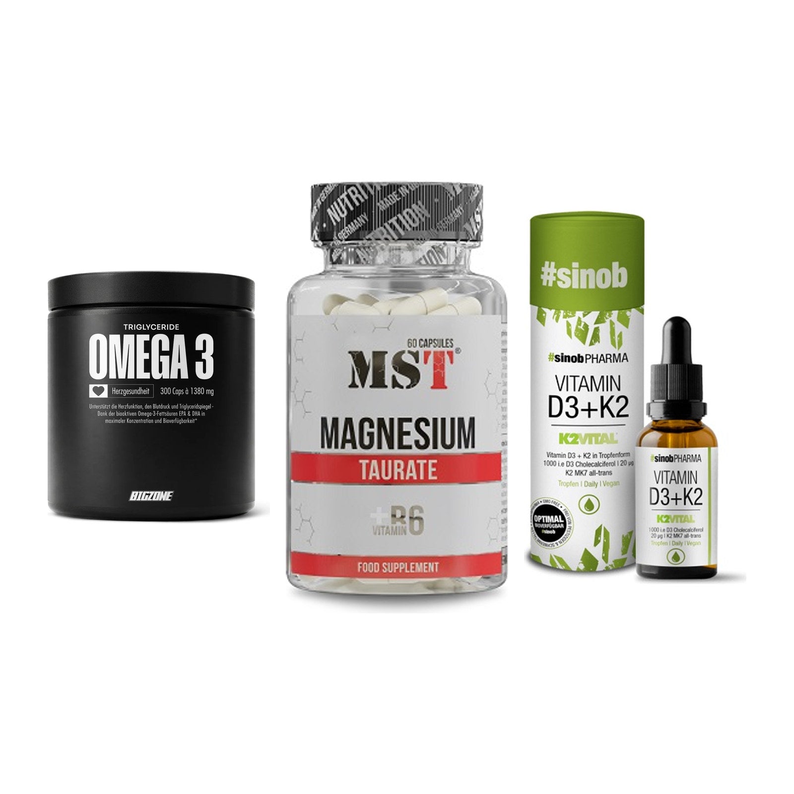 Herz & Gefäße: Big Zone Omega 3 + MST Magnesium + Sinob Vitamin D3 – alle enthaltenen Artikel