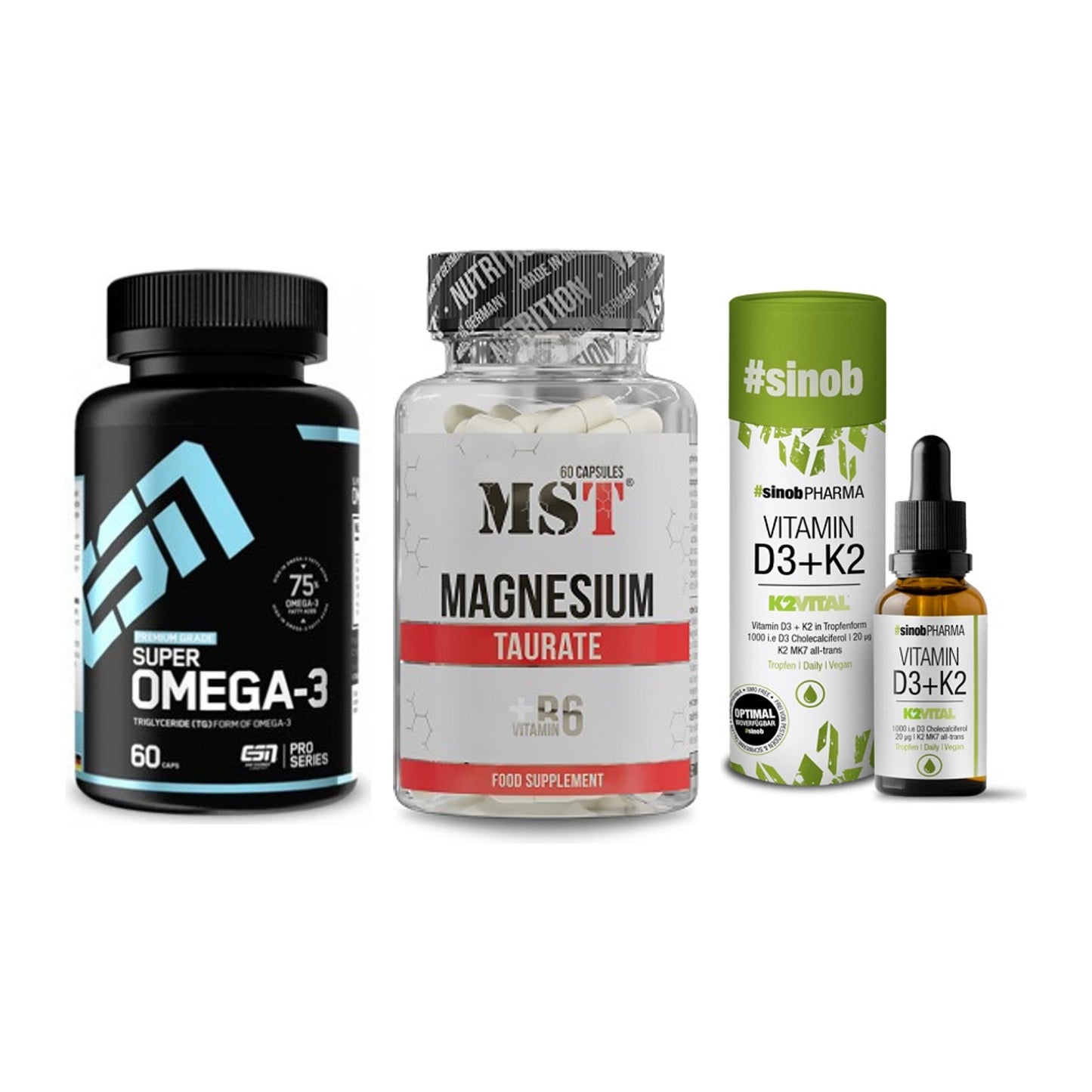 Herz & Gefäße: ESN Omega 3 + MST Magnesium + Sinob Vitamin D3 – alle enthaltenen Artikel