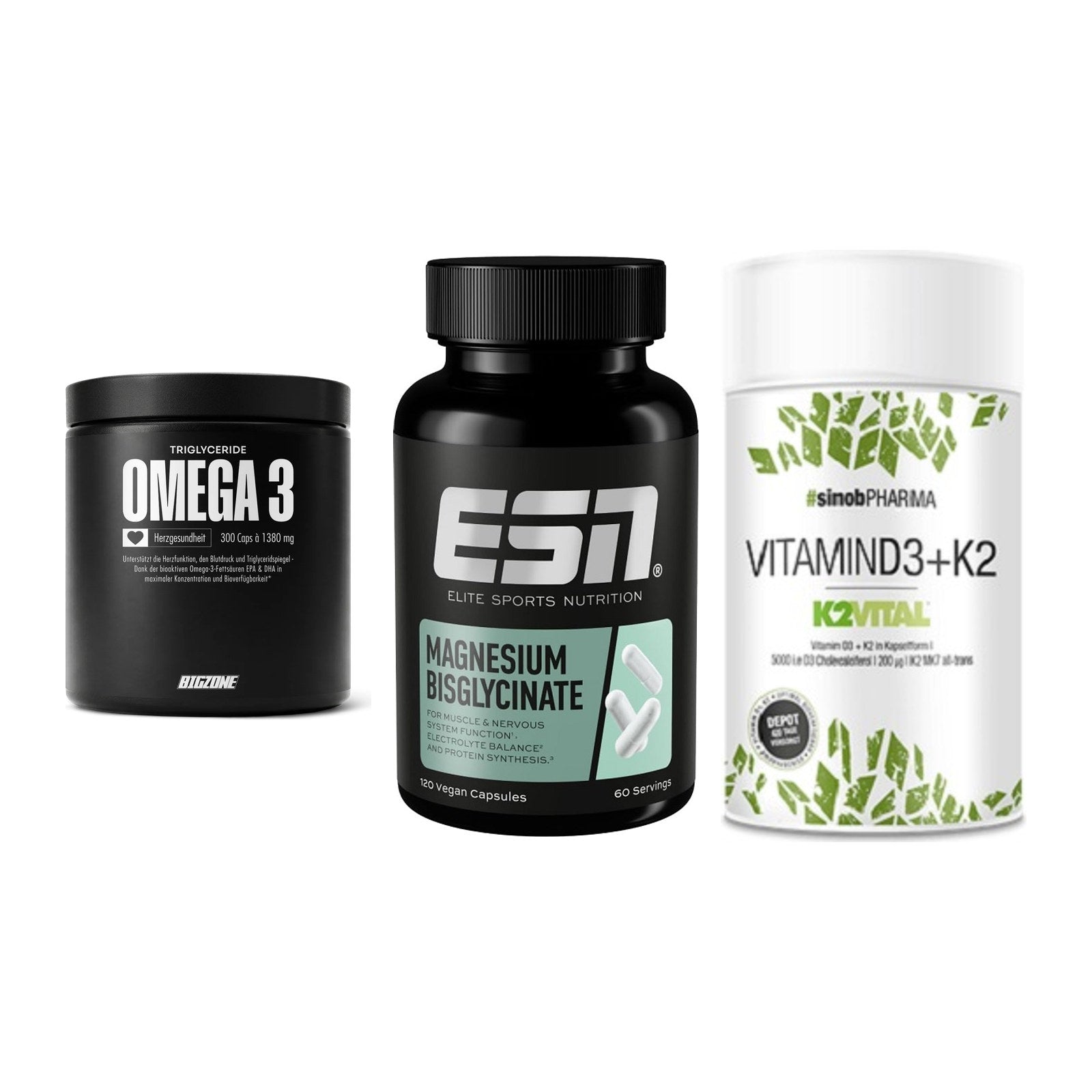 Herz & Gefäße: Big Zone Omega 3 + ESN Magnesium + Sinob Vitamin D3 – alle enthaltenen Artikel