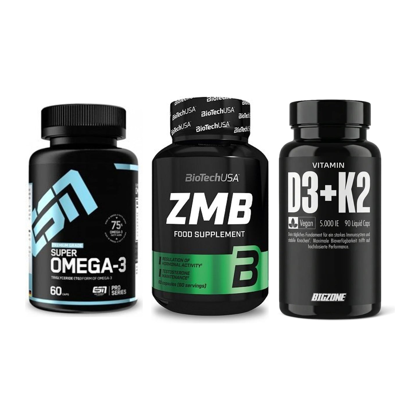 Herz & Gefäße: ESN Omega 3 + BioTech ZMB + Big Zone Vitamin D3 + K2 – alle enthaltenen Artikel