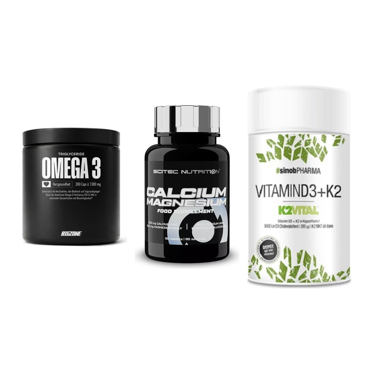Herz & Gefäße: Big Zone Omega 3 + Scitec Calcium + Sinob Vitamin D3 – alle enthaltenen Artikel