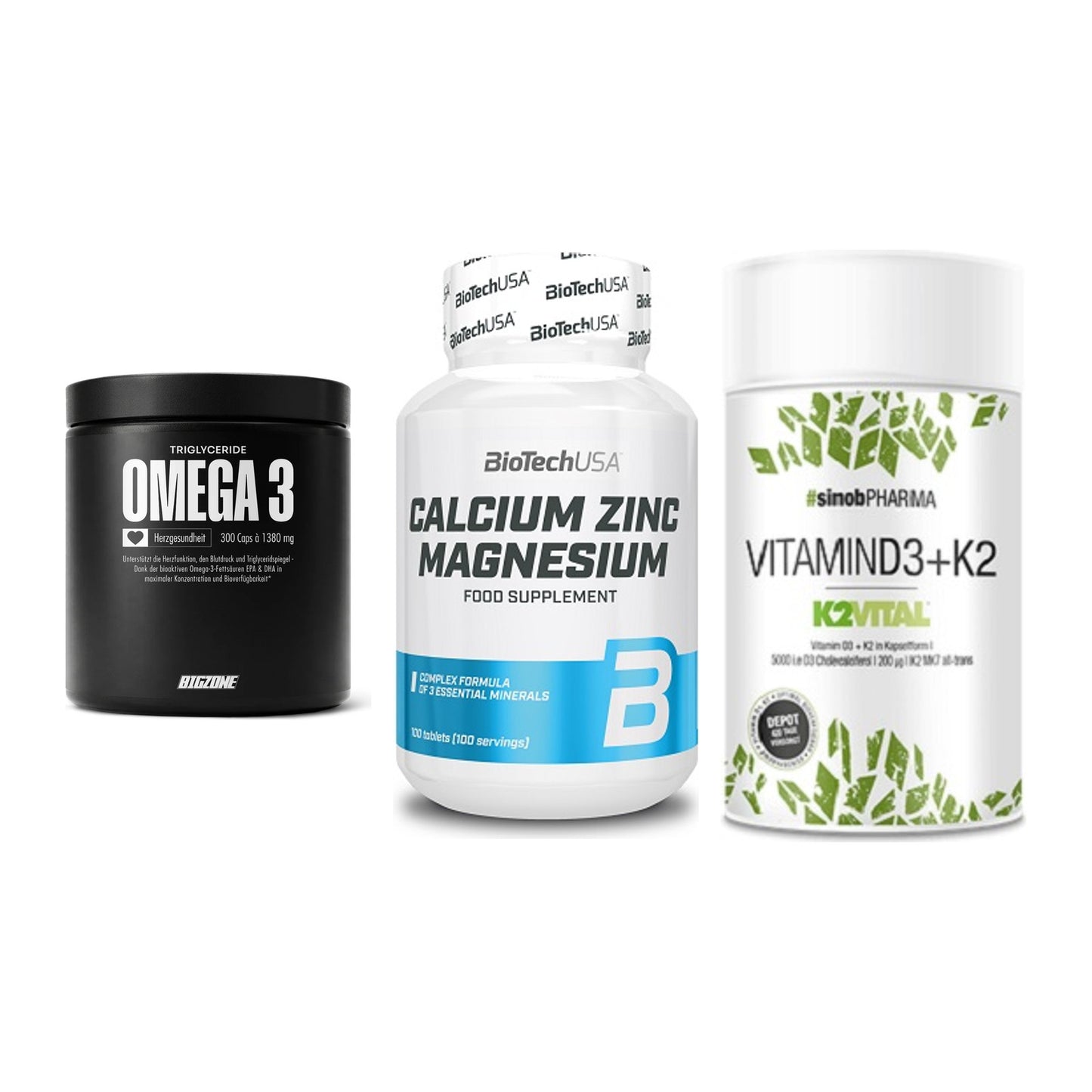 Herz & Gefäße: Big Zone Omega 3 + BioTech Calcium + Sinob Vitamin D3 – alle enthaltenen Artikel