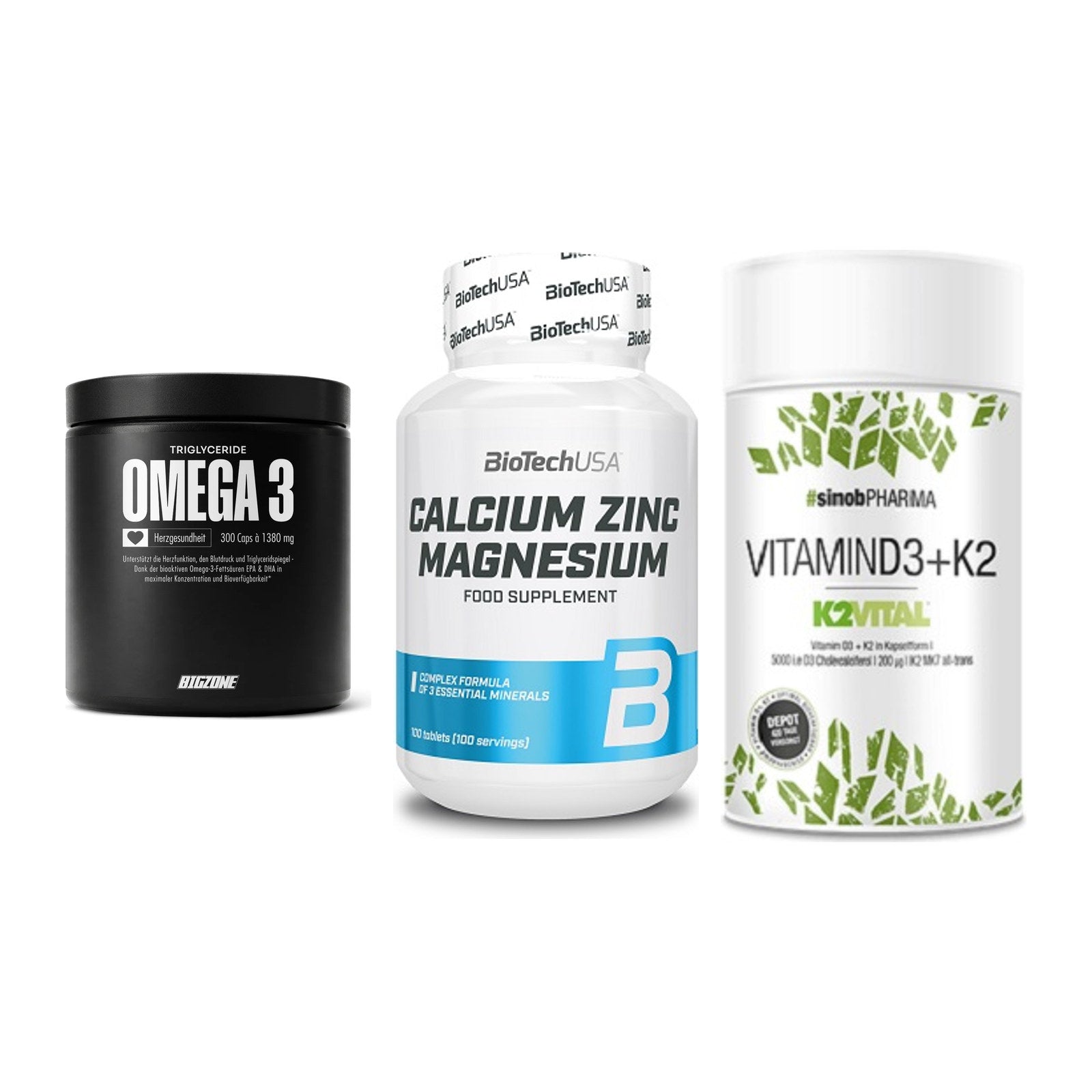 Herz & Gefäße: Big Zone Omega 3 + BioTech Calcium + Sinob Vitamin D3 – alle enthaltenen Artikel