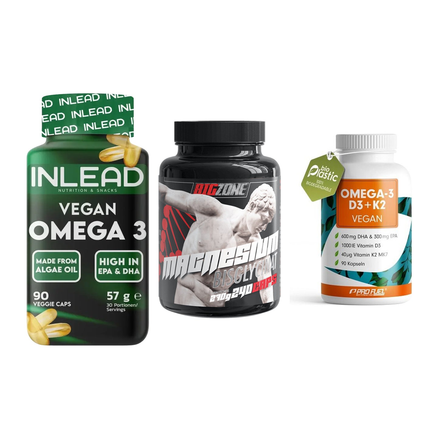 Herz & Gefäße: INLEAD Vegan + Big Zone Magnesi + ProFuel Omega 3 – alle enthaltenen Artikel