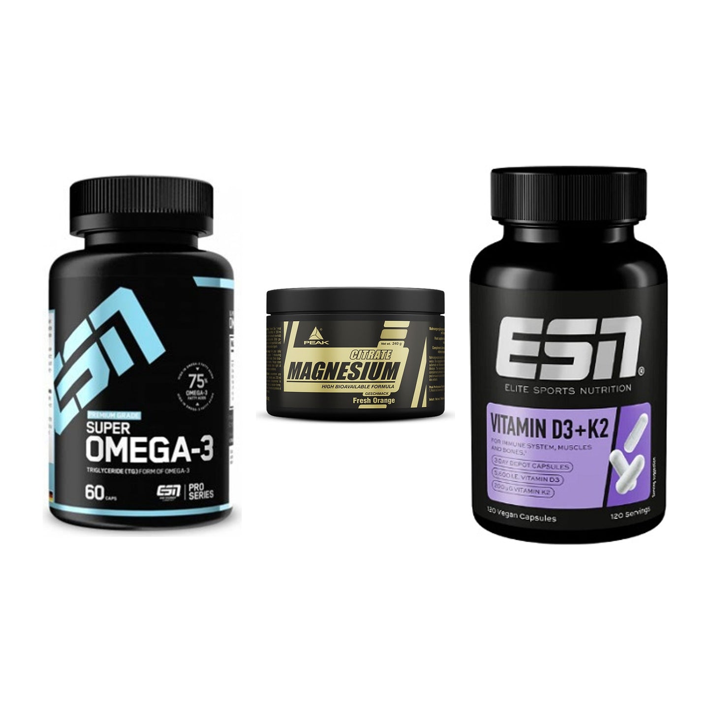 Herz & Gefäße: ESN Omega 3 + Peak Magnesium + ESN Vitamin D3 – alle enthaltenen Artikel