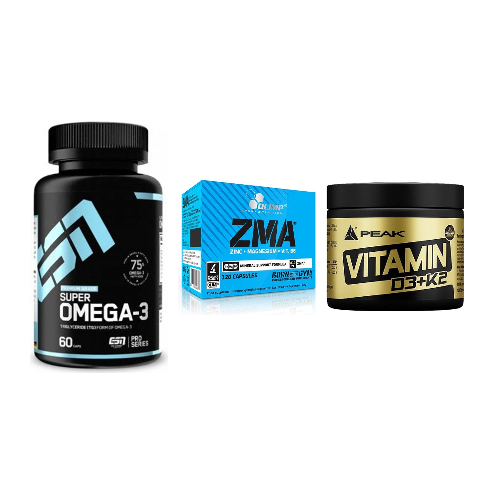 Herz & Gefäße: ESN Omega 3 + Olimp ZMA + Peak Vitamin D3+K2 120 Tabl. – alle enthaltenen Artikel