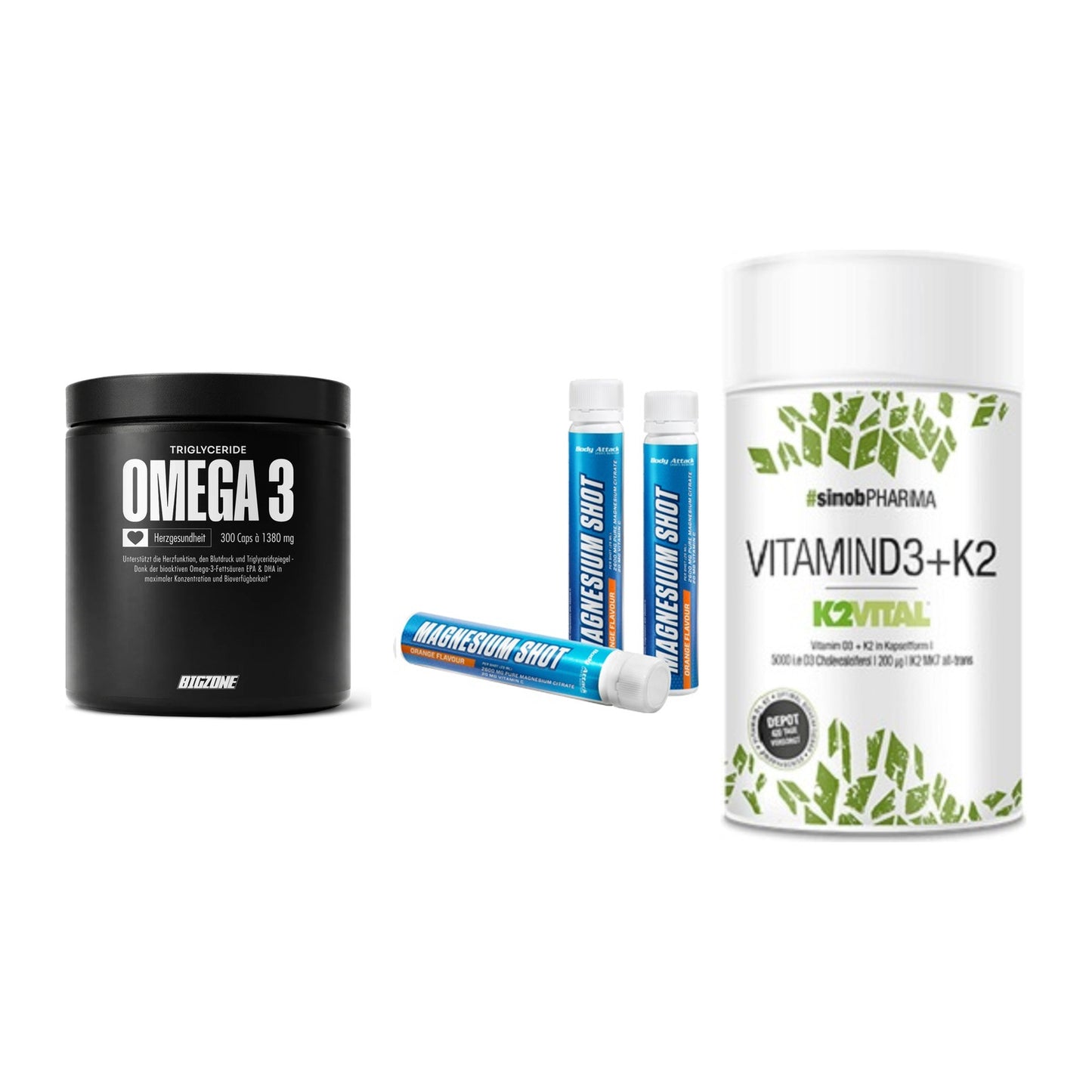 Herz & Gefäße: Big Zone Omega 3 + Body Attack + Sinob Vitamin D3 – alle enthaltenen Artikel