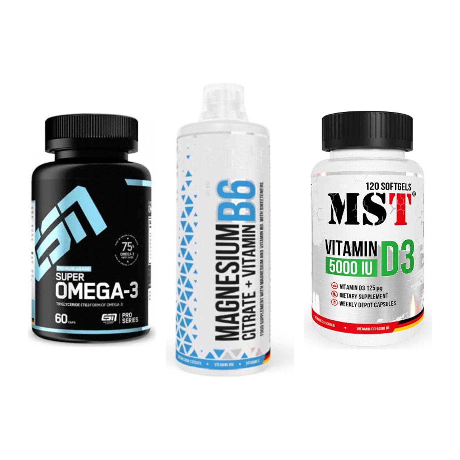 Herz & Gefäße: ESN Omega 3 + MST Magnesium B6 + MST Vitamin D3 – alle enthaltenen Artikel