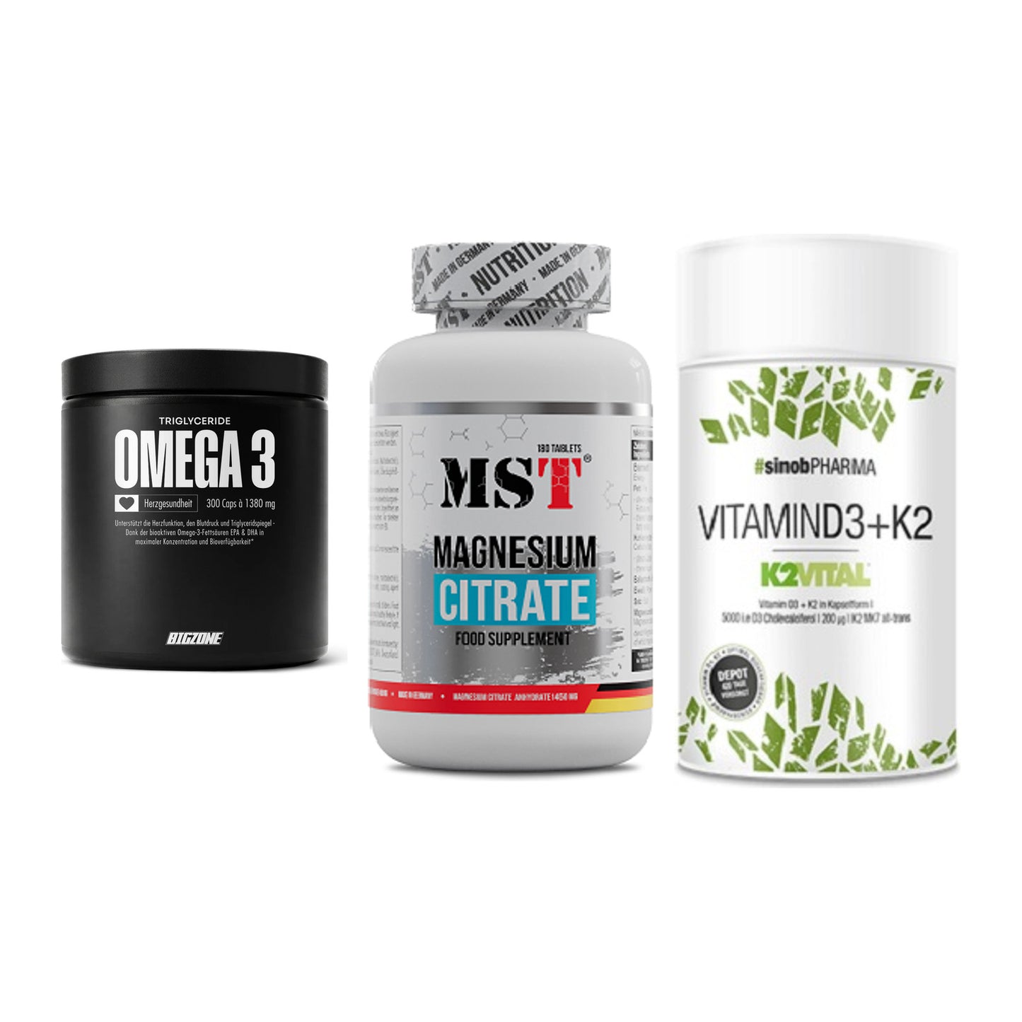 Herz & Gefäße: Big Zone Omega 3 + MST Magnesium + Sinob Vitamin D3 – alle enthaltenen Artikel