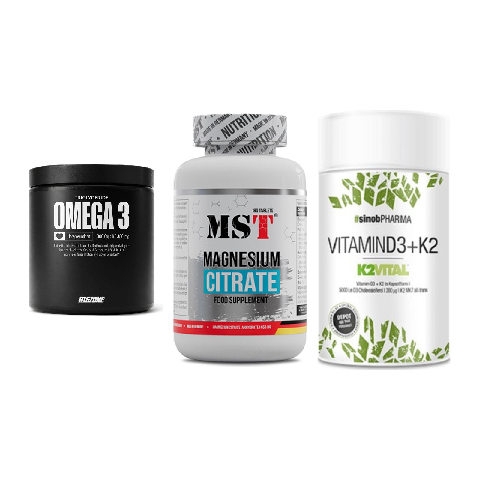 Herz & Gefäße: Big Zone Omega 3 + MST Magnesium + Sinob Vitamin D3 – alle enthaltenen Artikel