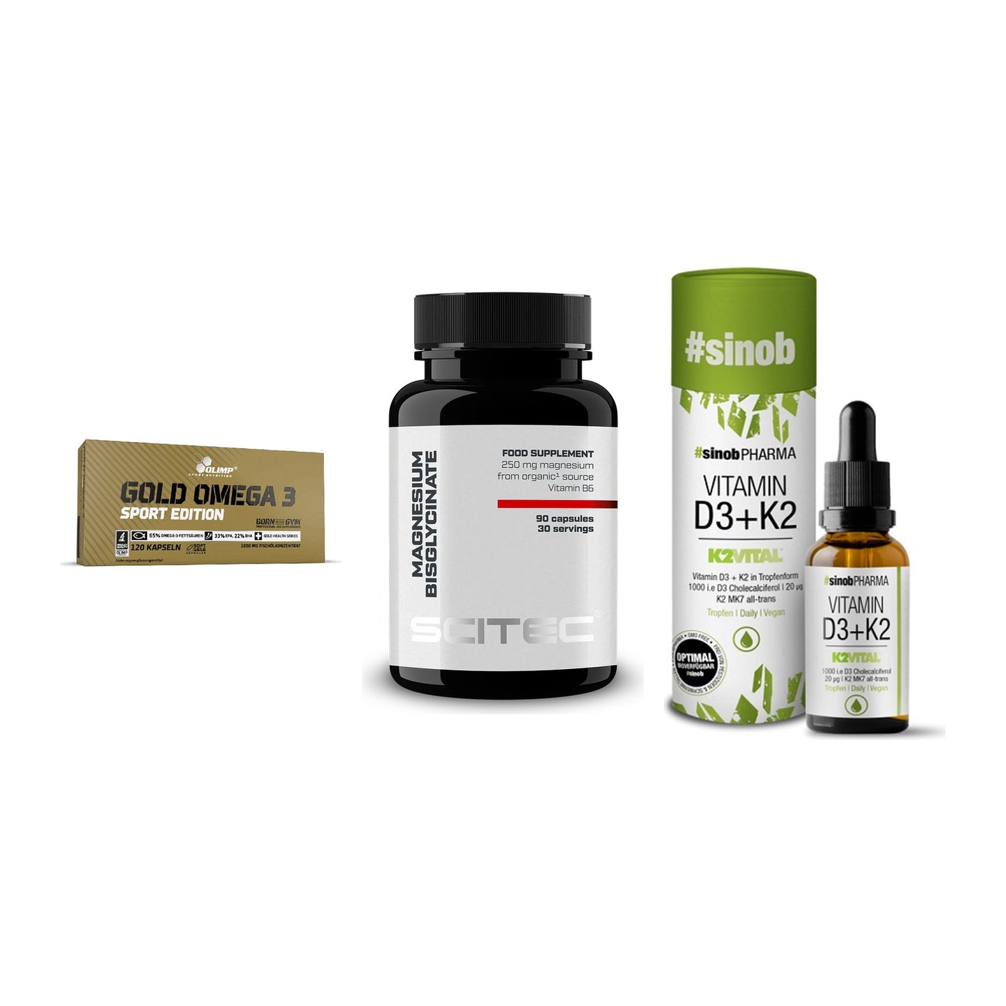 Herz & Gefäße: Olimp Omega 3 + Scitec Magnesium + Sinob Vitamin D3 – alle enthaltenen Artikel