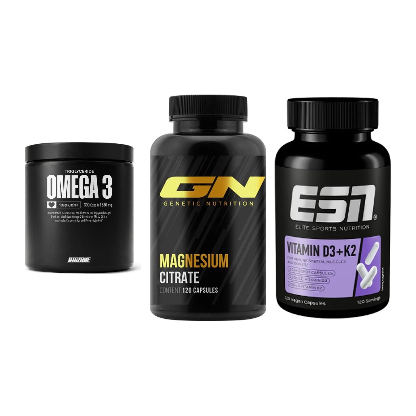 Herz & Gefäße: Big Zone Omega 3 + GN Magnesium + ESN Vitamin D3 – alle enthaltenen Artikel