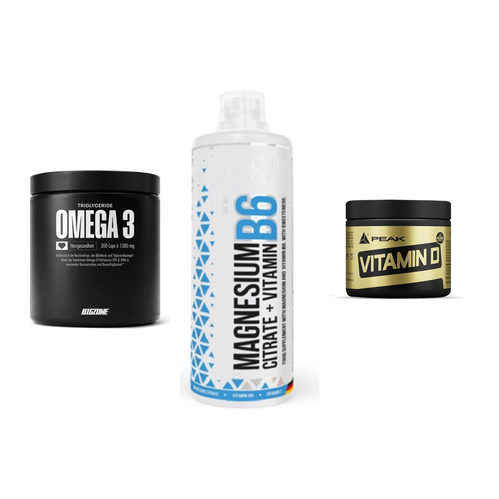 Herz & Gefäße: Big Zone Omega 3 + MST Magnesium B6 + Peak Vitamin D – alle enthaltenen Artikel