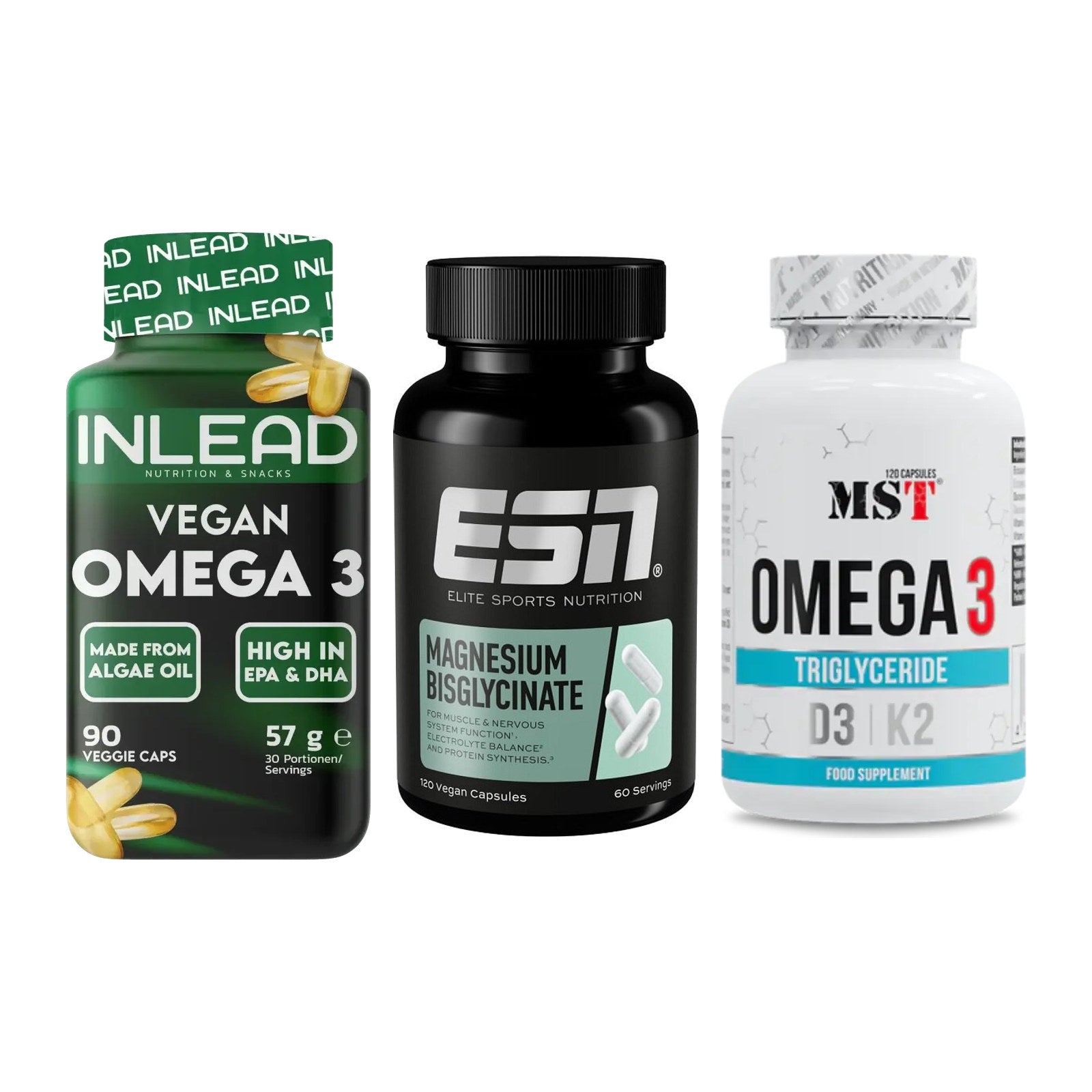 Herz & Gefäße: INLEAD Vegan + ESN Magnesium + MST Omega 3 500 – alle enthaltenen Artikel