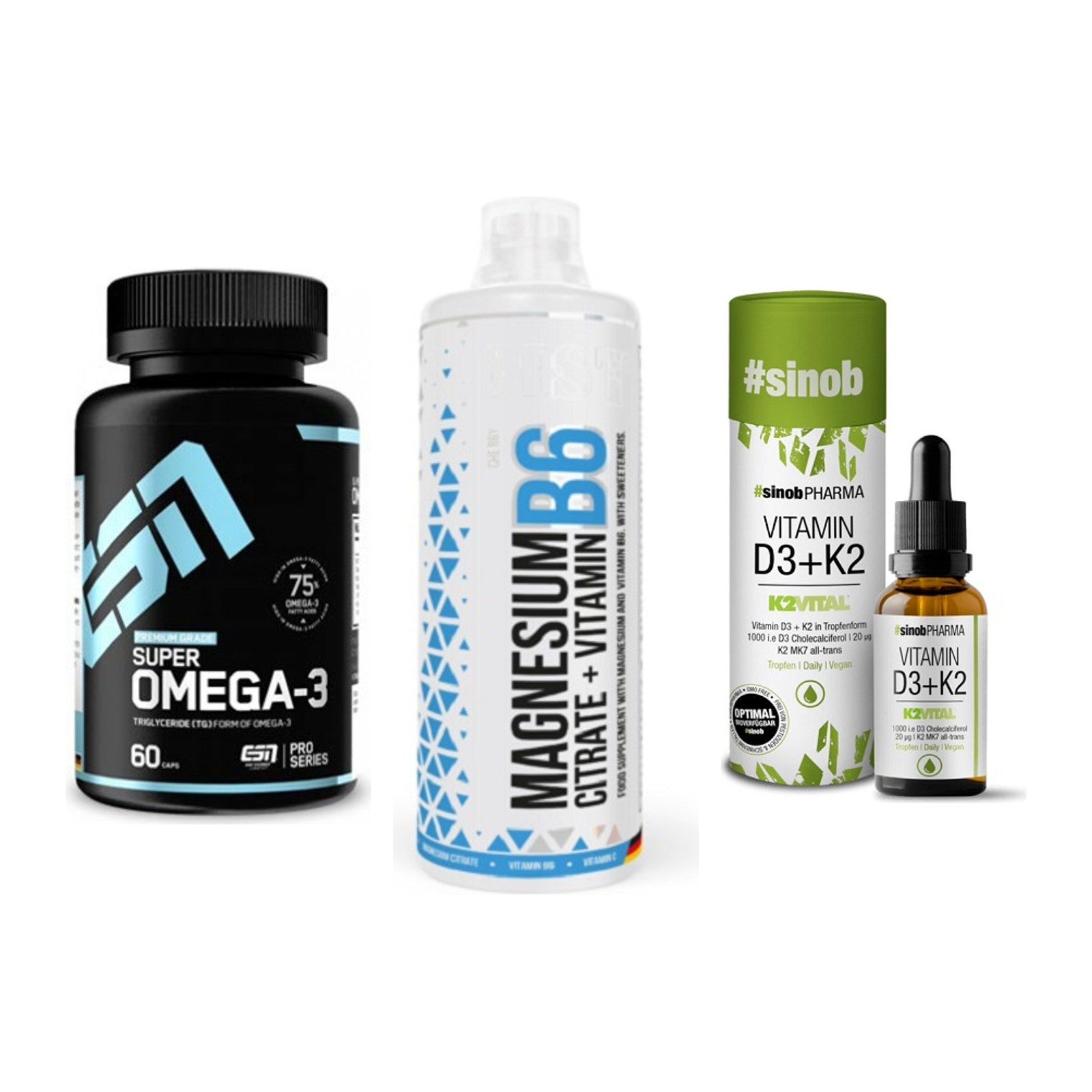 Herz & Gefäße: ESN Omega 3 + MST Magnesium B6 + Sinob Vitamin D3 – alle enthaltenen Artikel