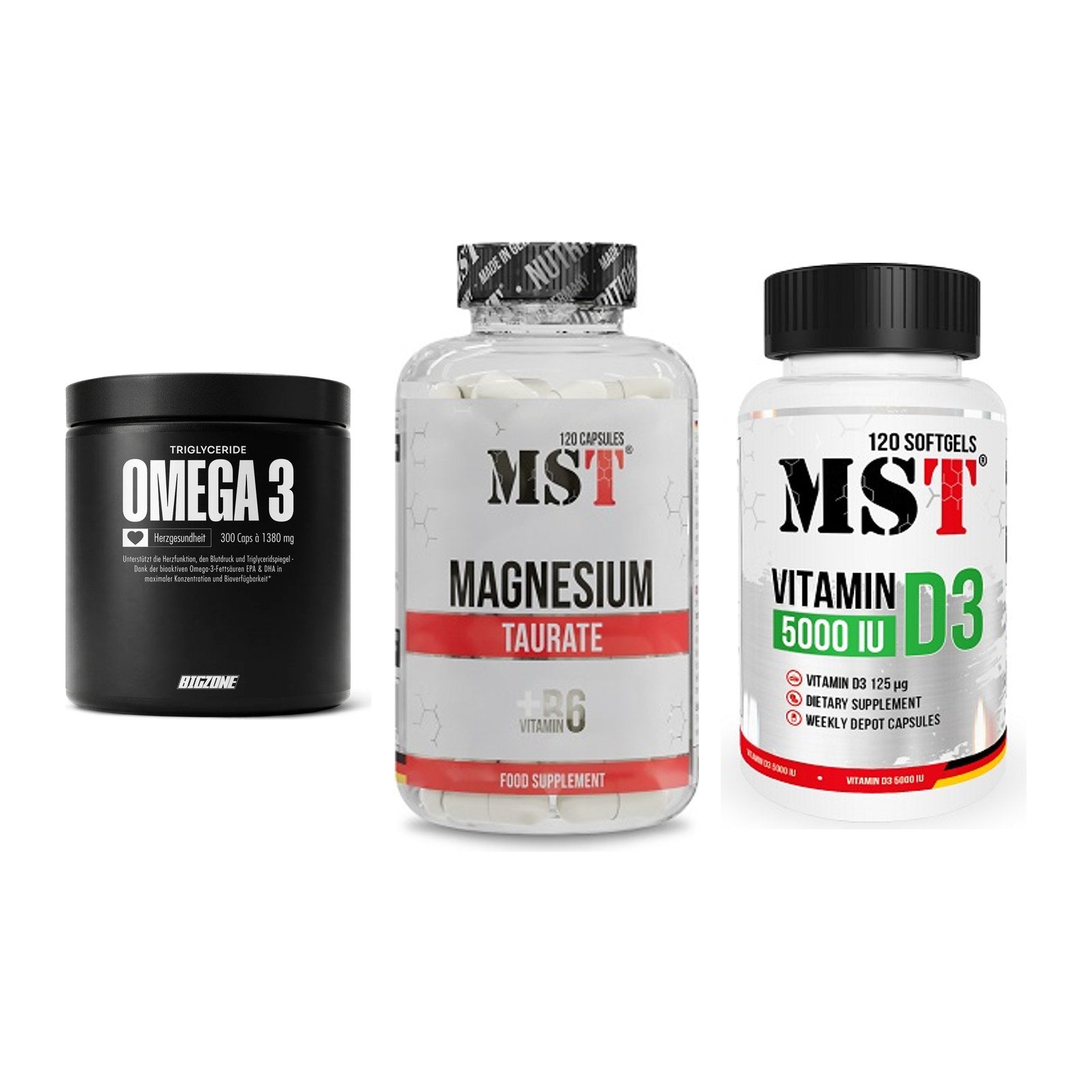 Herz & Gefäße: Big Zone Omega 3 + MST Magnesium + MST Vitamin D3 – alle enthaltenen Artikel