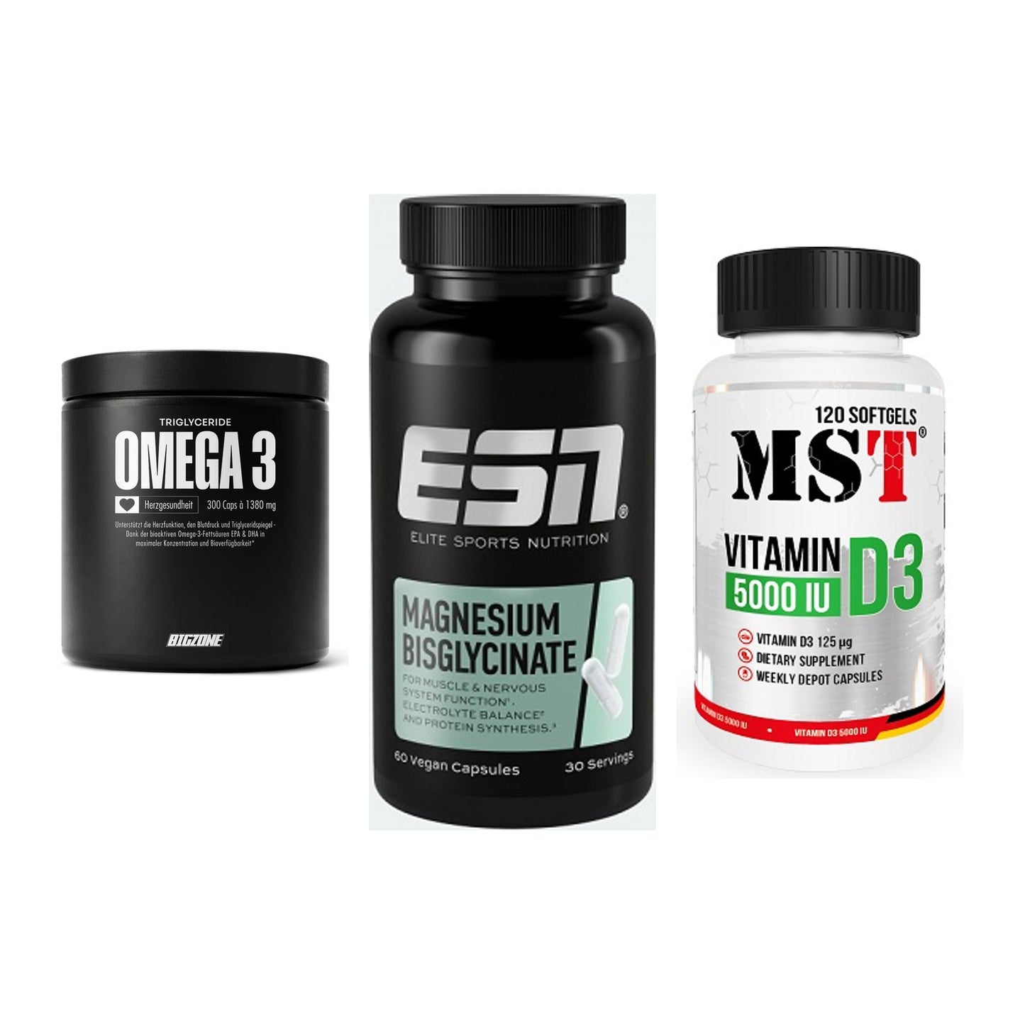 Herz & Gefäße: Big Zone Omega 3 + ESN Magnesium + MST Vitamin D3 – alle enthaltenen Artikel