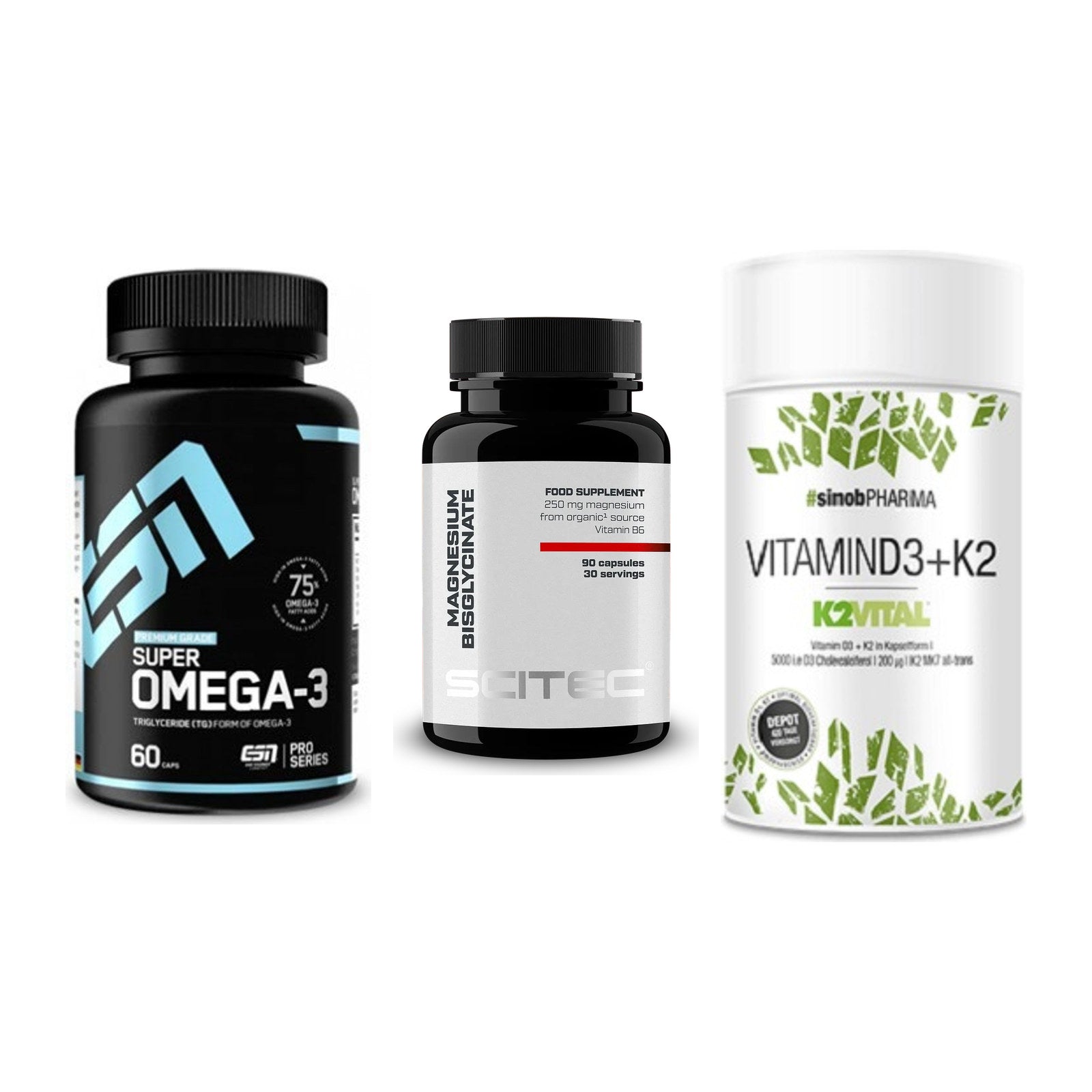 Herz & Gefäße: ESN Omega 3 + Scitec Magnesium + Sinob Vitamin D3 – alle enthaltenen Artikel