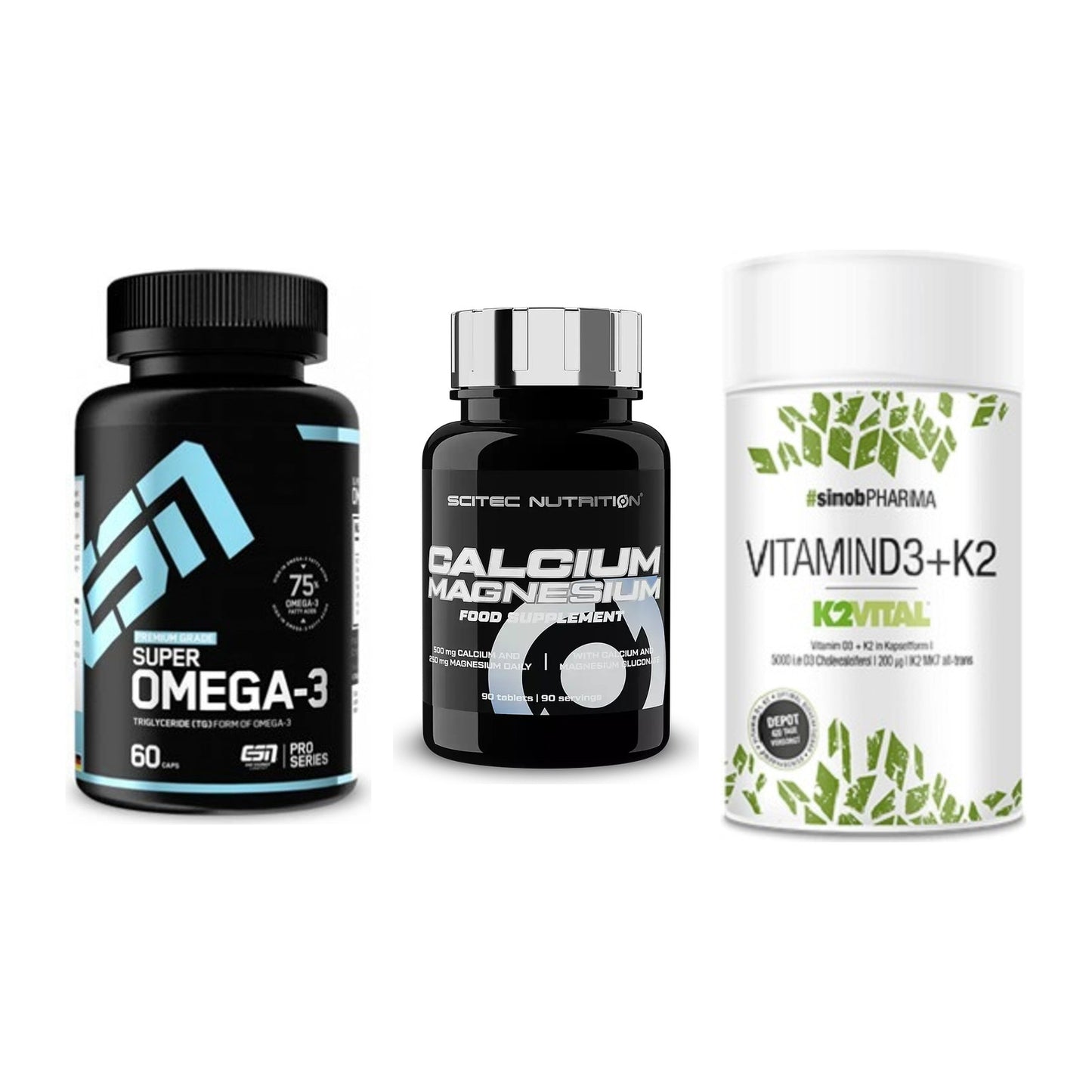 Herz & Gefäße: ESN Omega 3 + Scitec Calcium + Sinob Vitamin D3 – alle enthaltenen Artikel